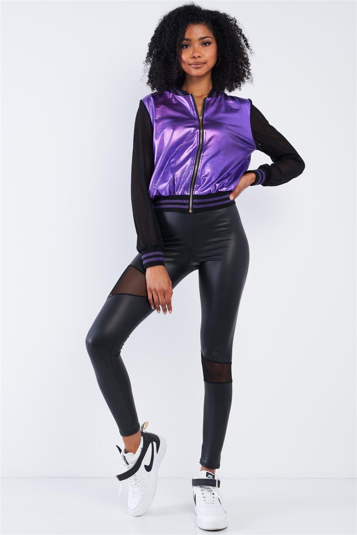 Purple Rain 1980's Inspired Metallic Rave Net Long Sleeve Bomber Jacket