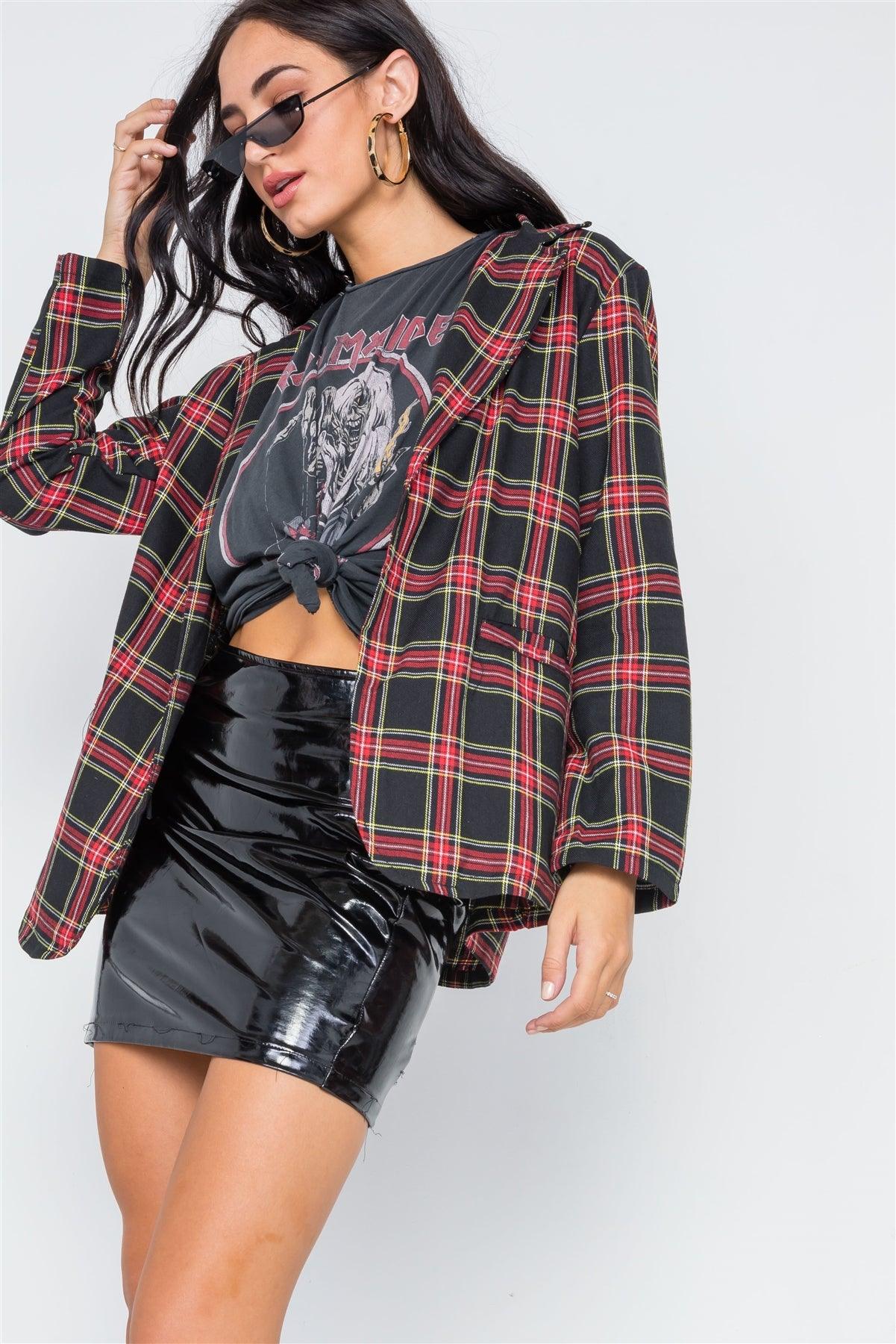 Black Plaid Open Front Long Sleeve Blazer /2-2-2