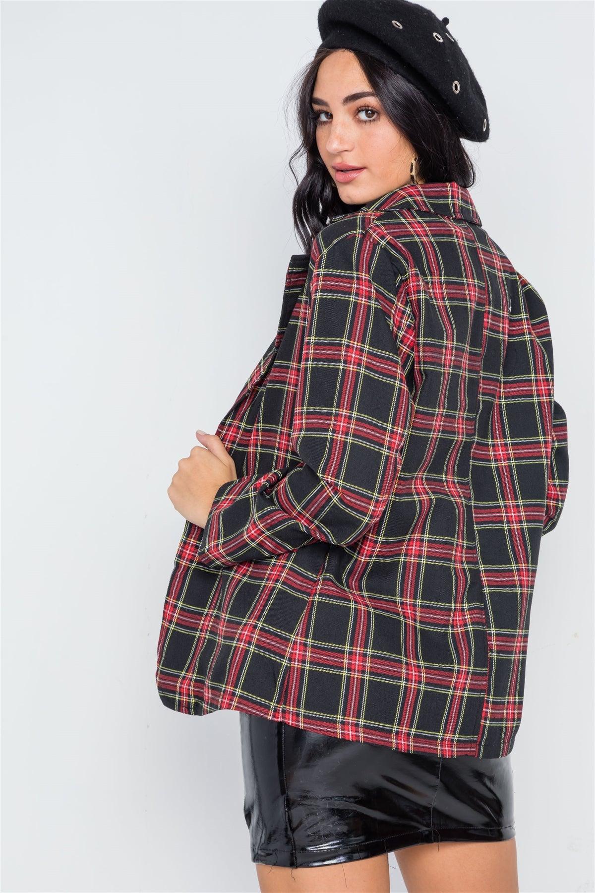 Black Plaid Open Front Long Sleeve Blazer /2-2-2