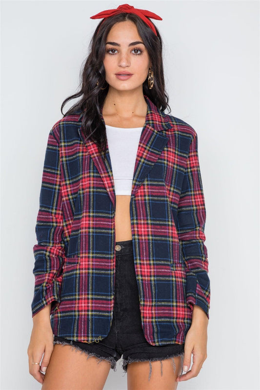 Navy Plaid Open Front Long Sleeve Blazer /2-2-2