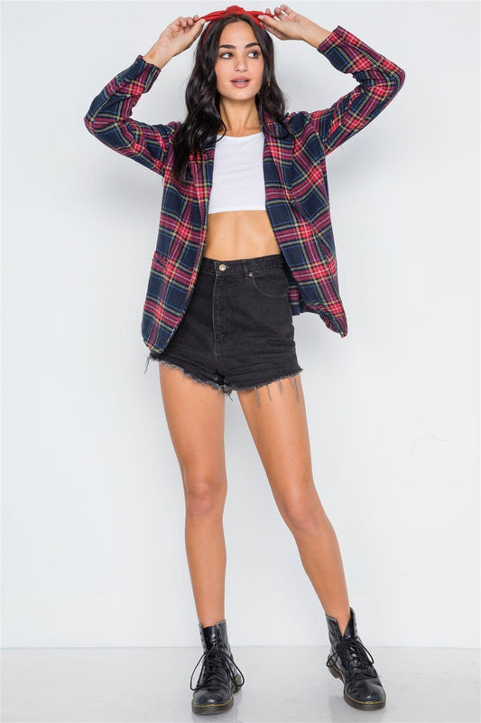 Navy Plaid Open Front Long Sleeve Blazer /2-3-2