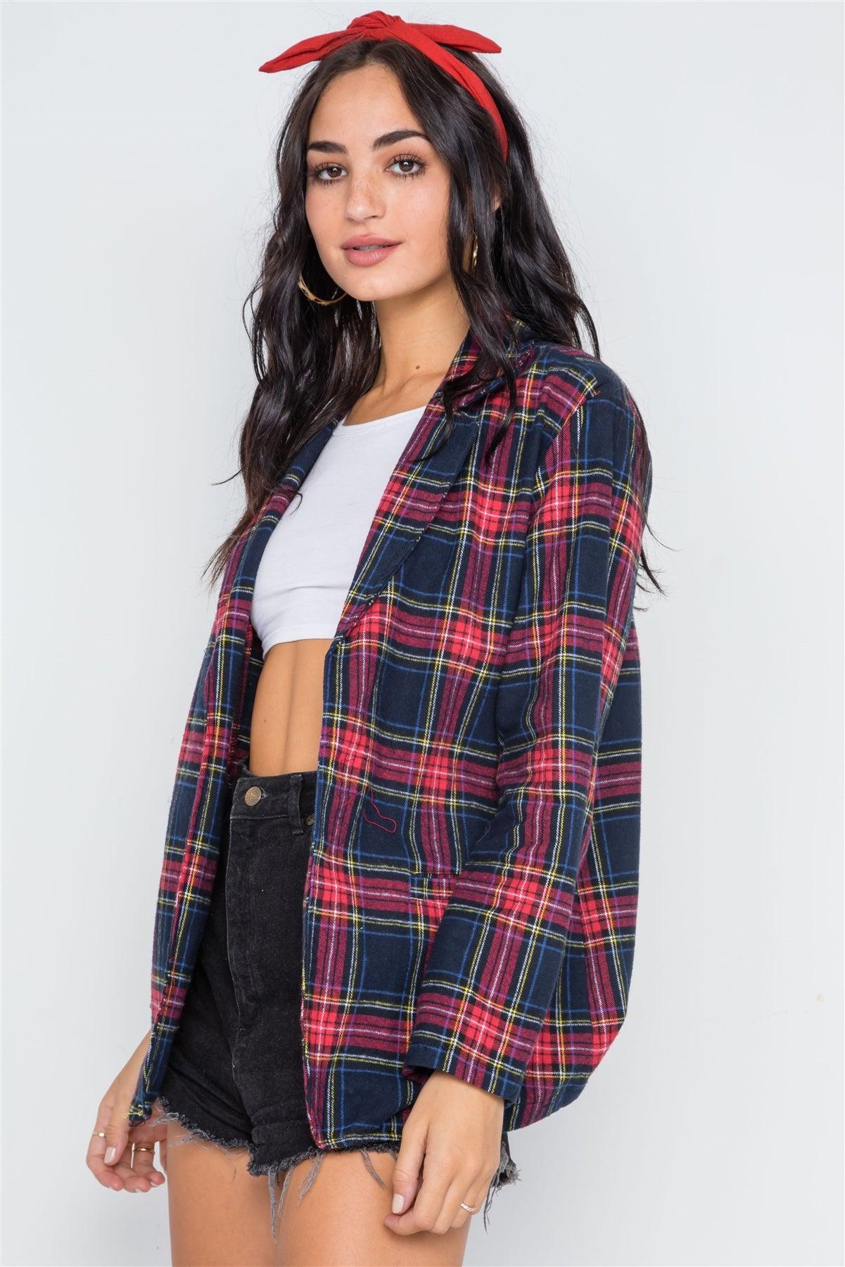 Navy Plaid Open Front Long Sleeve Blazer /2-3-2