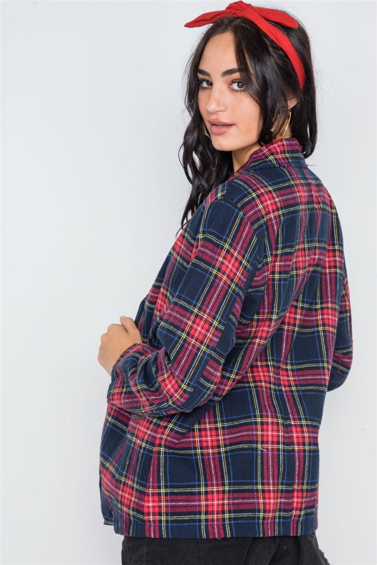 Navy Plaid Open Front Long Sleeve Blazer /2-3-2