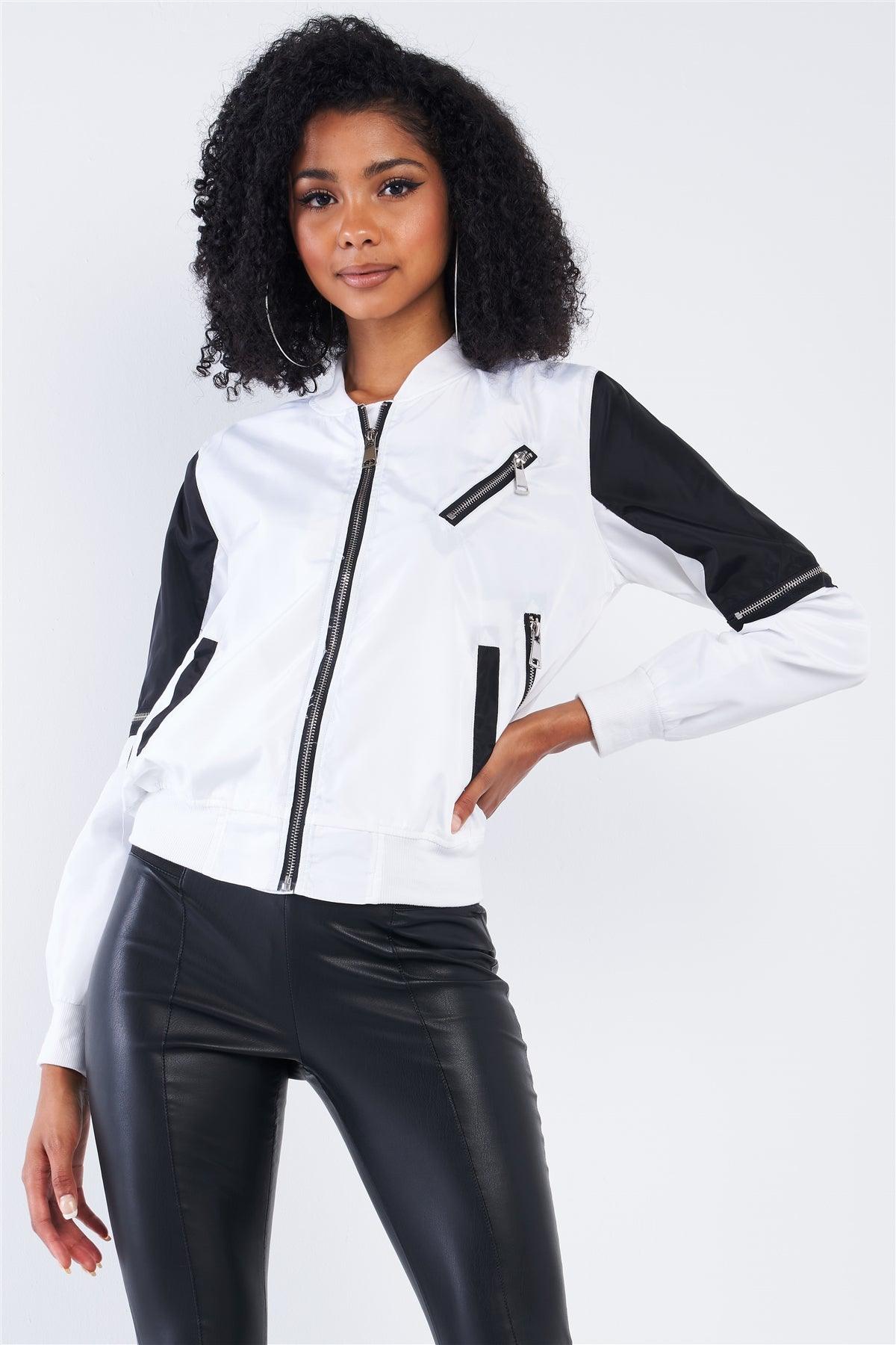 White Black Long Sleeve Bomber Zip-Up Jacket /2-2