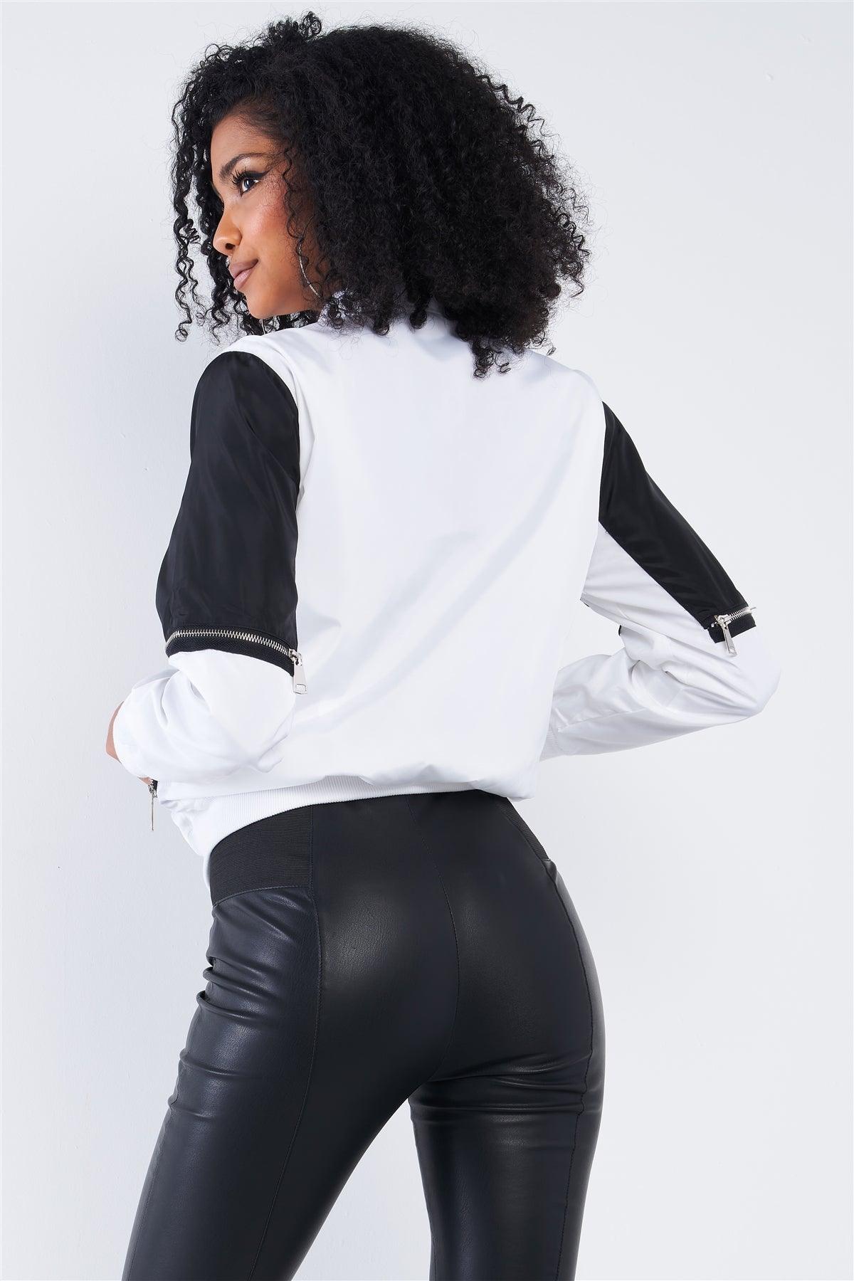 White Black Long Sleeve Bomber Zip-Up Jacket /2-2