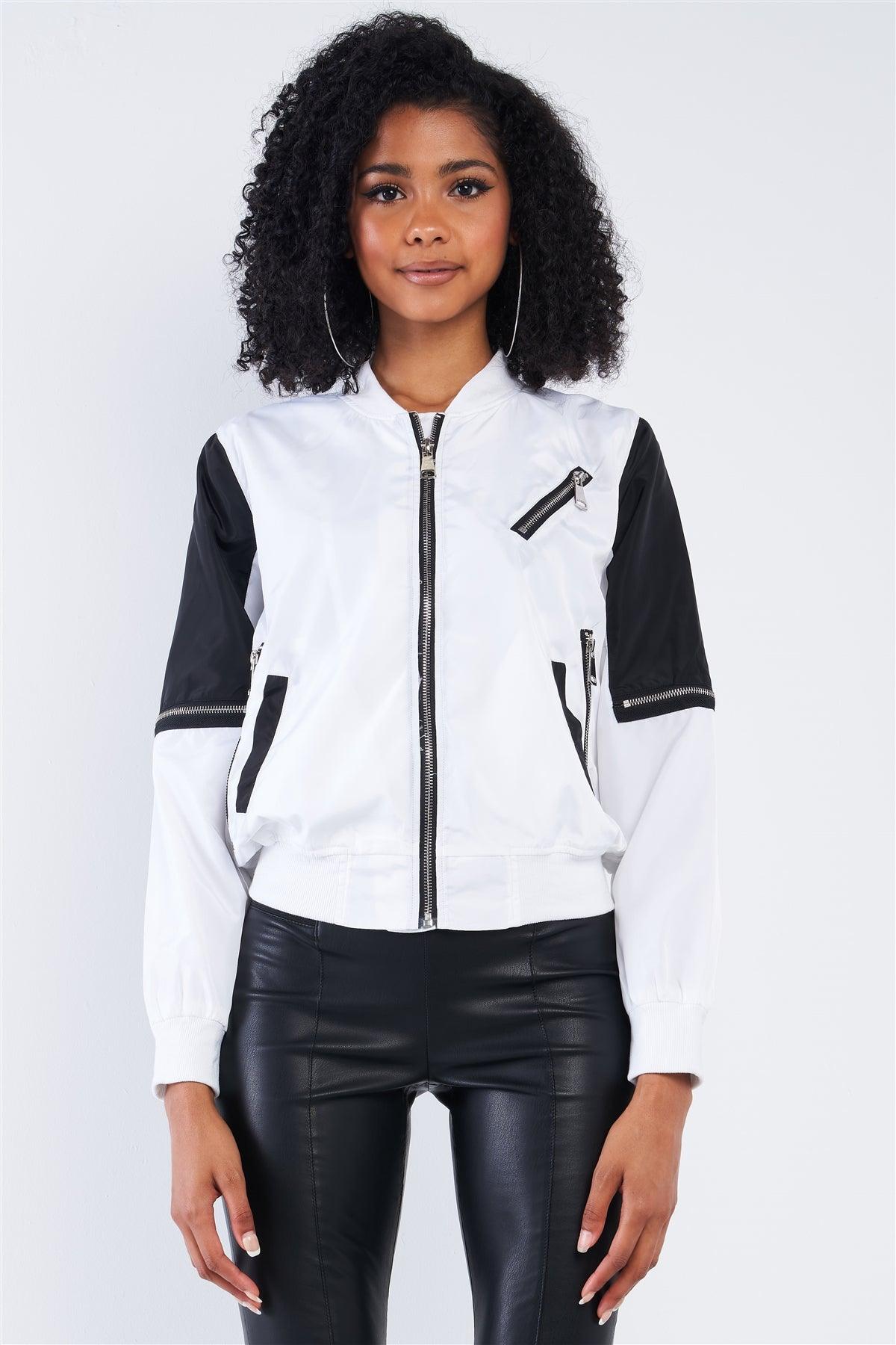 White Black Long Sleeve Bomber Zip-Up Jacket /2-2