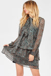 Brown Print Tiered Ruffle Tie Neck Mini Dress /3-2-1