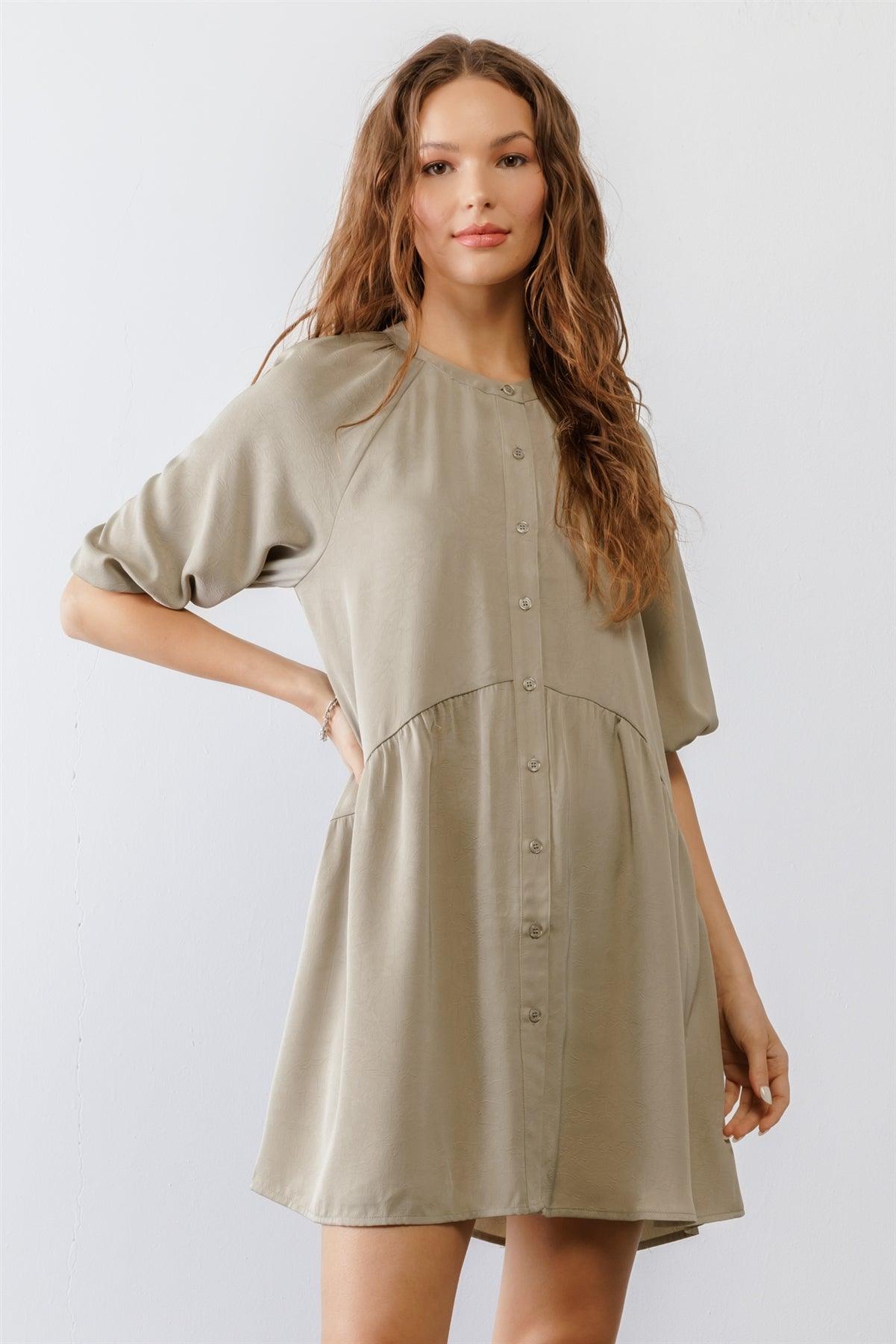 Dark Sage Satin Button-Up Relaxed Fit Mini Dress /2-2-2