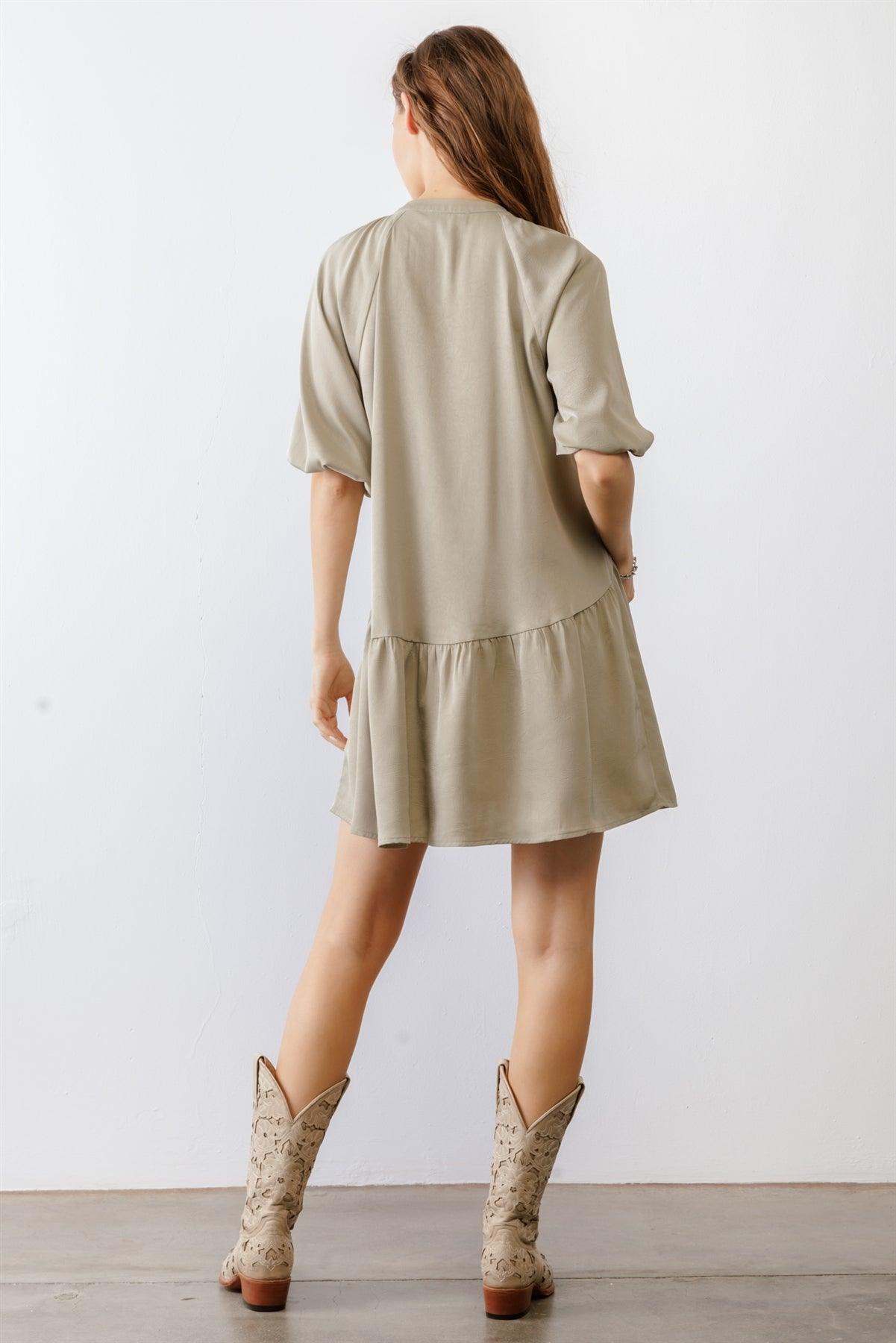 Dark Sage Satin Button-Up Puff Midi Sleeve Relaxed Fit Mini Dress /2-2-2