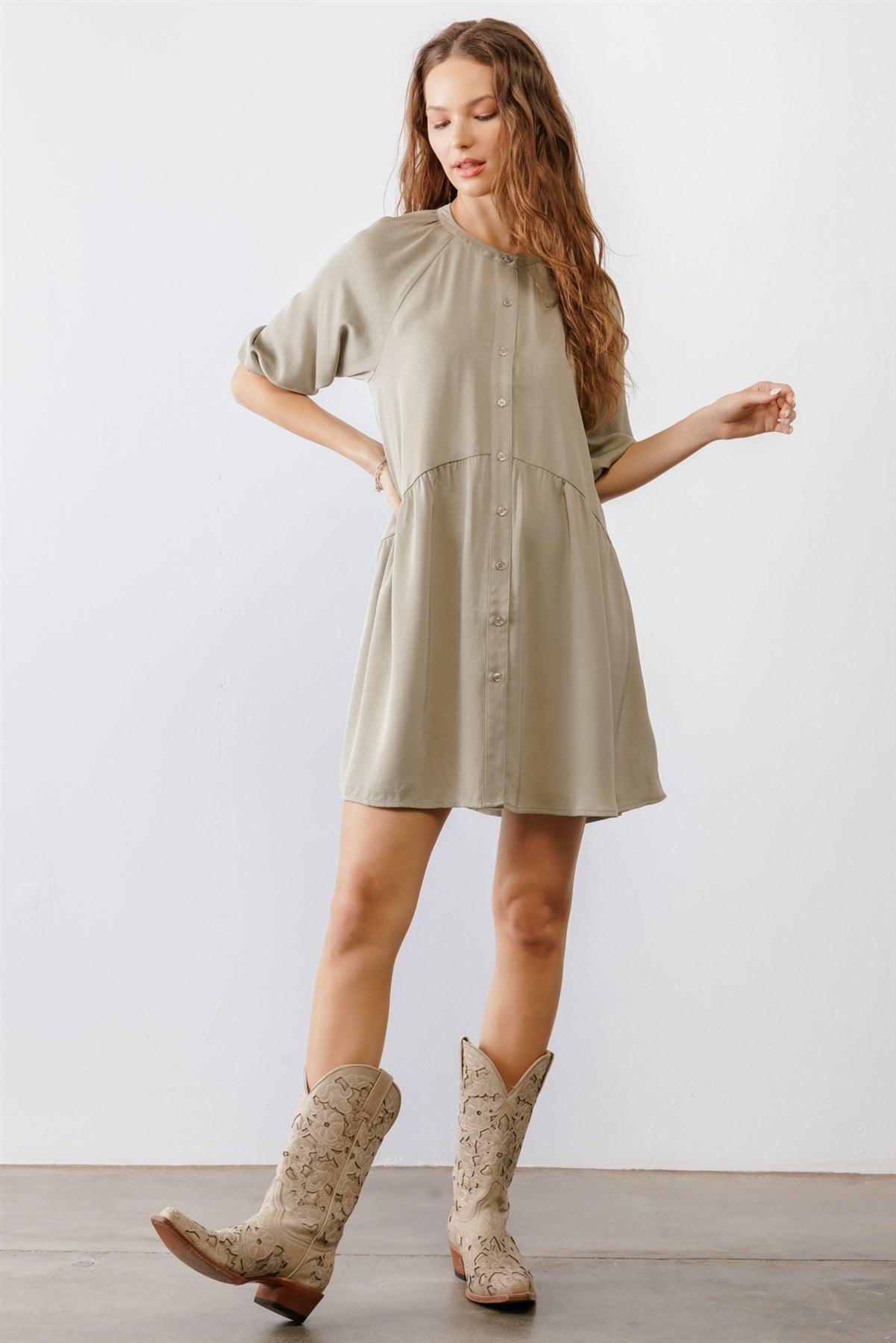 Dark Sage Satin Button-Up Puff Midi Sleeve Relaxed Fit Mini Dress /2-2-2