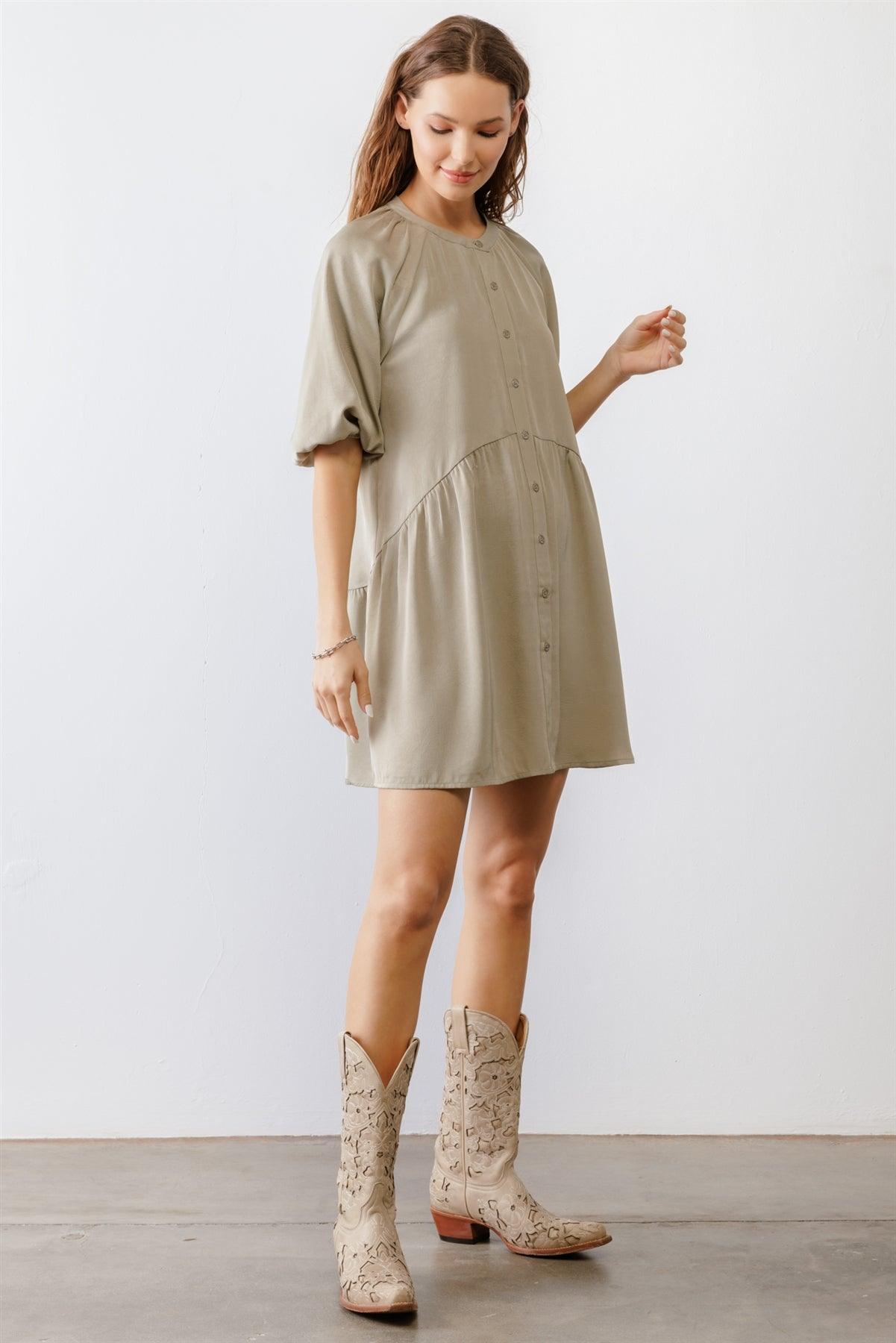 Dark Sage Satin Button-Up Puff Midi Sleeve Relaxed Fit Mini Dress /2-2-2