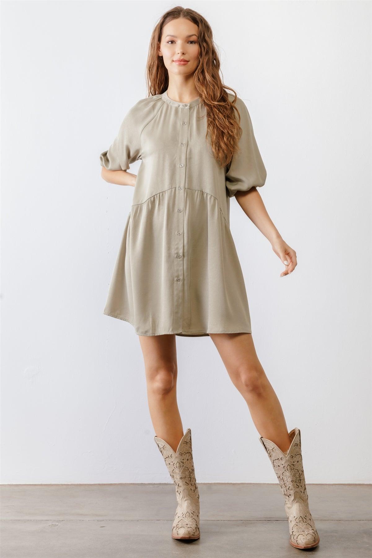 Dark Sage Satin Button-Up Puff Midi Sleeve Relaxed Fit Mini Dress /2-2-2