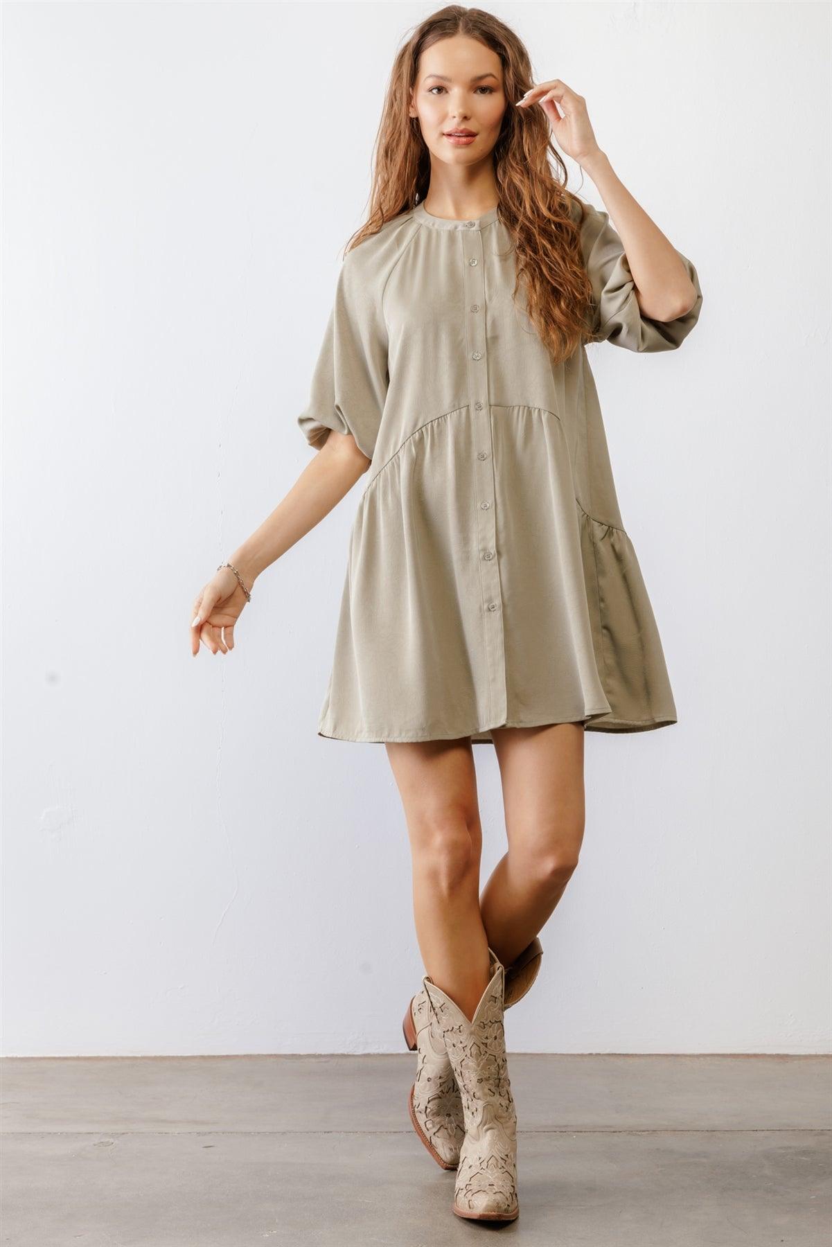 Dark Sage Satin Button-Up Puff Midi Sleeve Relaxed Fit Mini Dress /2-2-2