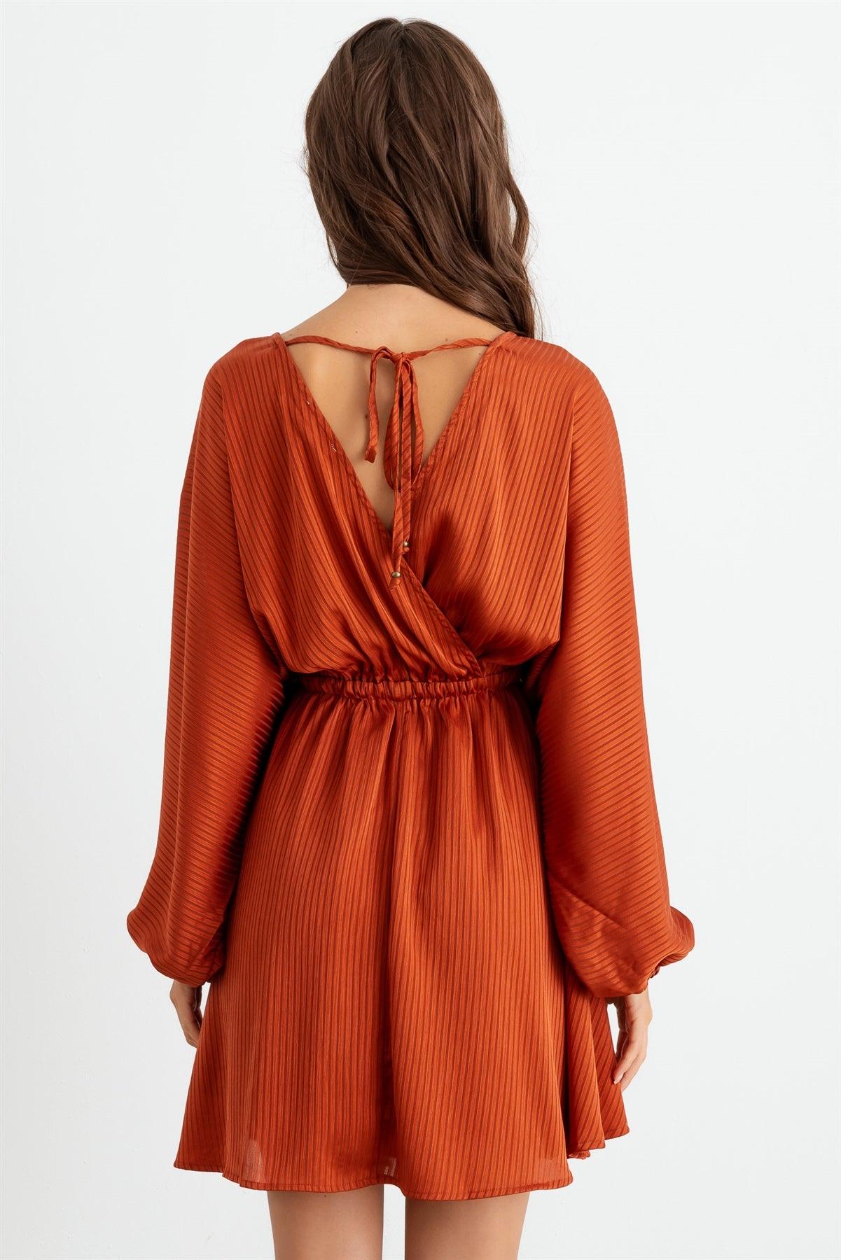 Rust Striped Batwing Sleeve Wrap Tie Back Mini Dress /2-2-2