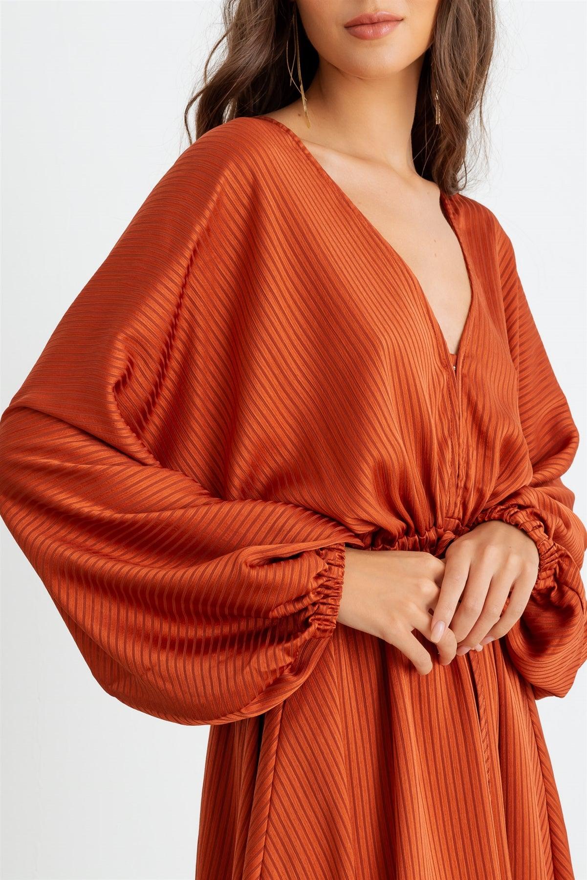 Rust Striped Batwing Sleeve Wrap Tie Back Mini Dress /2-2-2