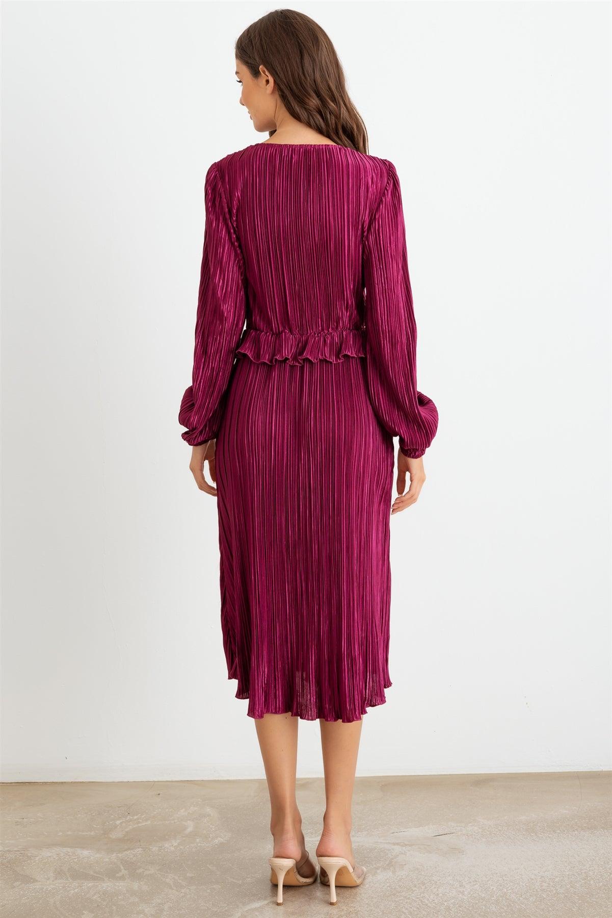 Wine Pleated V-Neck Long Sleeve Midi Dress /2-2-2