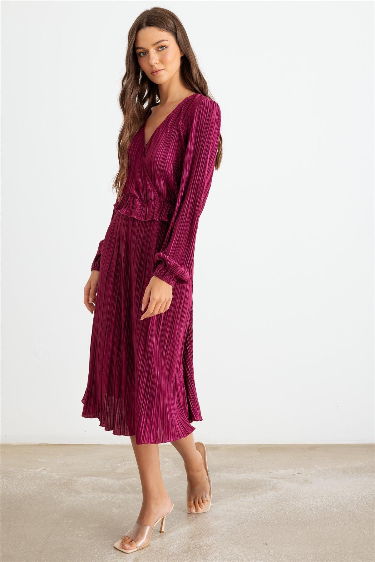 Wine Pleated V-Neck Long Sleeve Midi Dress /2-2-2