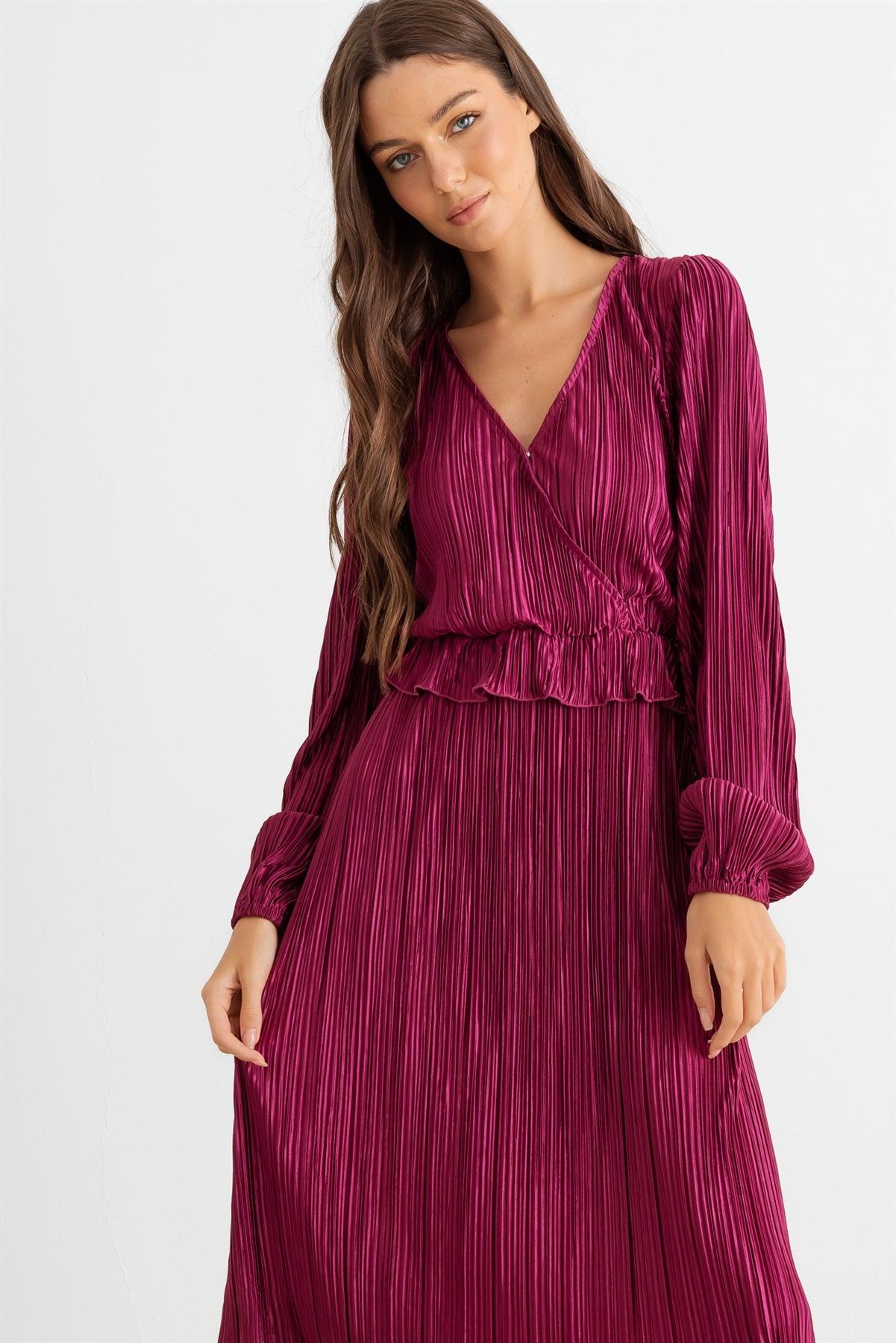 Wine Pleated V-Neck Long Sleeve Midi Dress /2-2-2