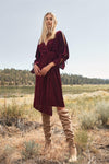 Wine Velvet Ribbed Asymmetrical Wrap V-Neck 3/4 Balloon Sleeve With Cut-Out Detail Midi Dress /2-2-1