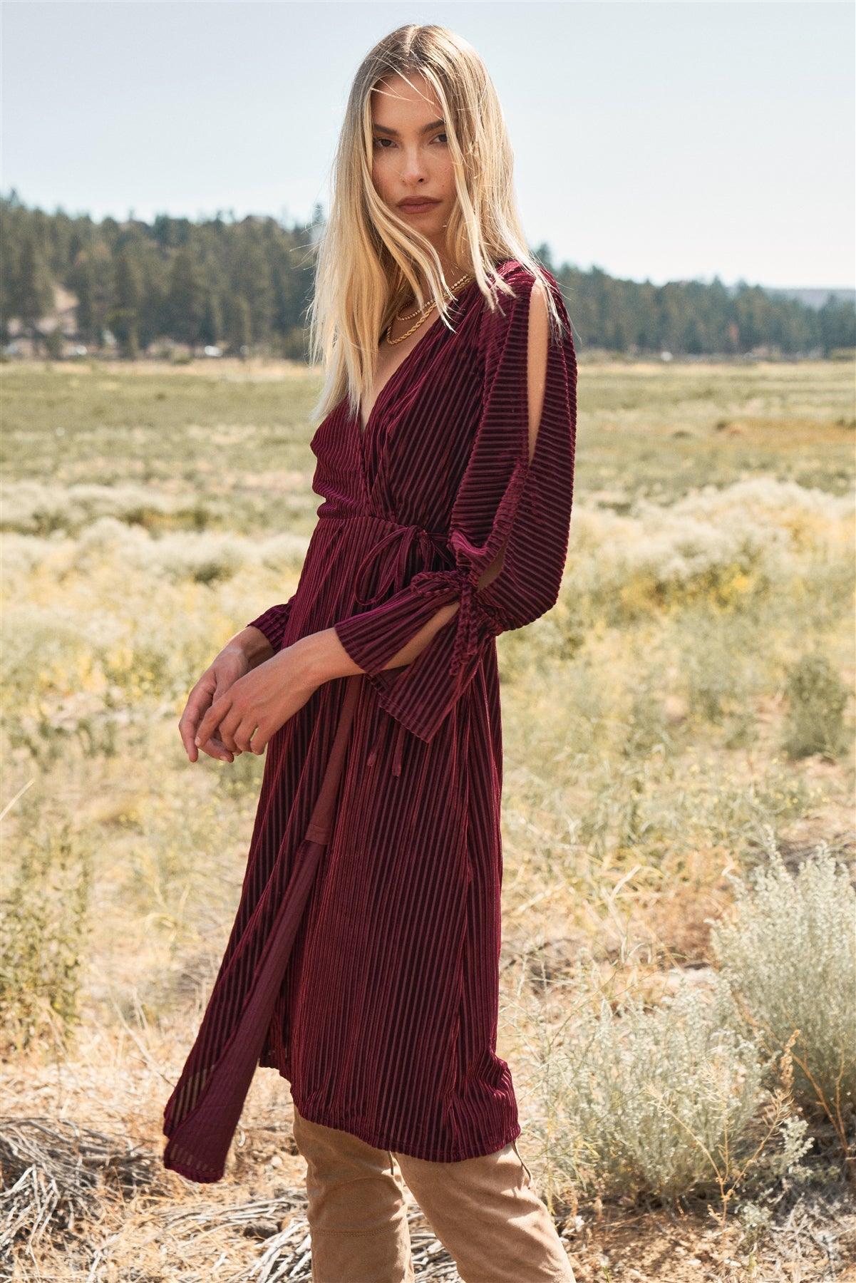 Wine Velvet Ribbed Asymmetrical Wrap V-Neck 3/4 Balloon Sleeve With Cut-Out Detail Midi Dress /2-2-1