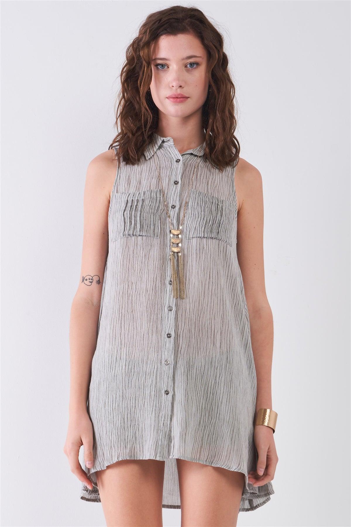 Light Grey Striped Sleeveless Collared Neck Button-Down Front Tunic Shirt Mini Dress /2-2-2