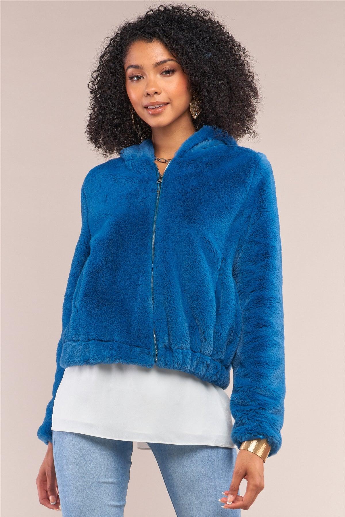 Teal Soft Faux Fur Hooded Zip-Up Jacket /2-2-2