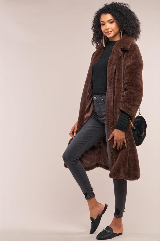 Coffee Brown Long Sleeve Open Front Faux Fur Trench Coat /2-1-2