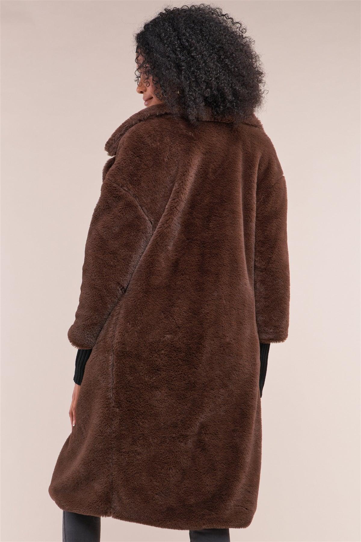 Coffee Brown Long Sleeve Open Front Faux Fur Trench Coat /2-1-2