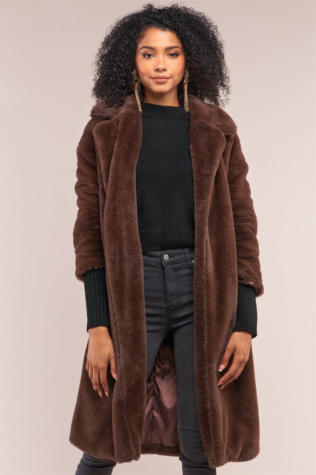 Coffee Brown Long Sleeve Open Front Faux Fur Trench Coat /2-2-2