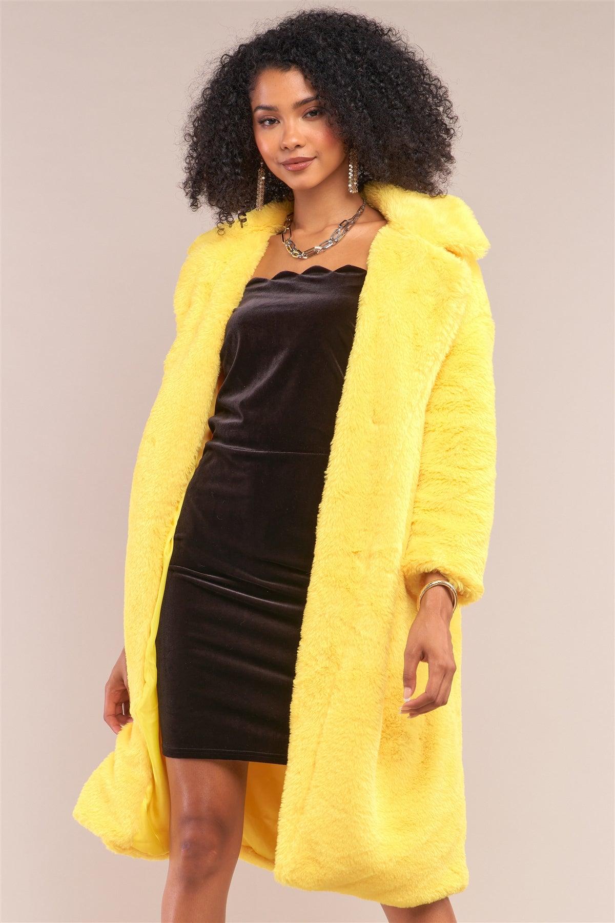 Yellow Long Sleeve Open Front Faux Fur Trench Coat /1-1-2