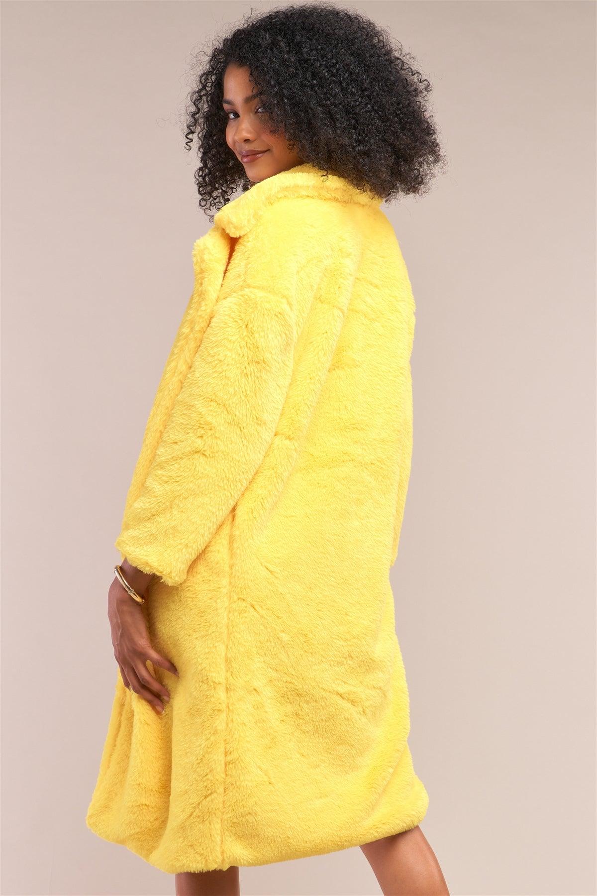 Yellow Long Sleeve Open Front Faux Fur Trench Coat /1-1-2