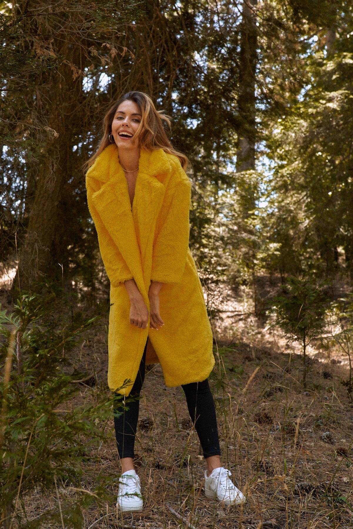 Yellow Long Sleeve Open Front Faux Fur Trench Coat /1-1-2