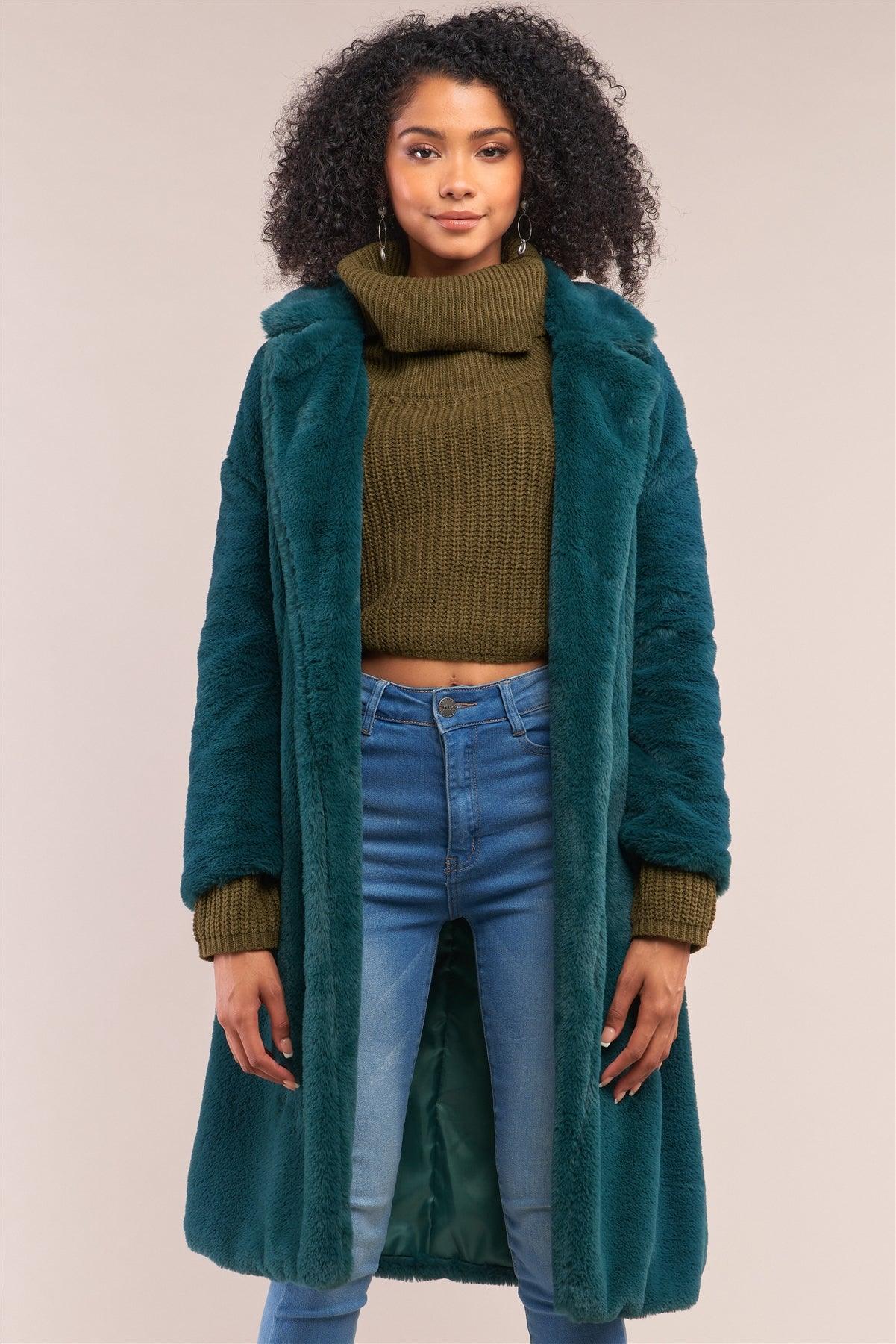 Green Soft Faux Fur Open Front Detachable Belt Long Sleeve Coat /2-2-2