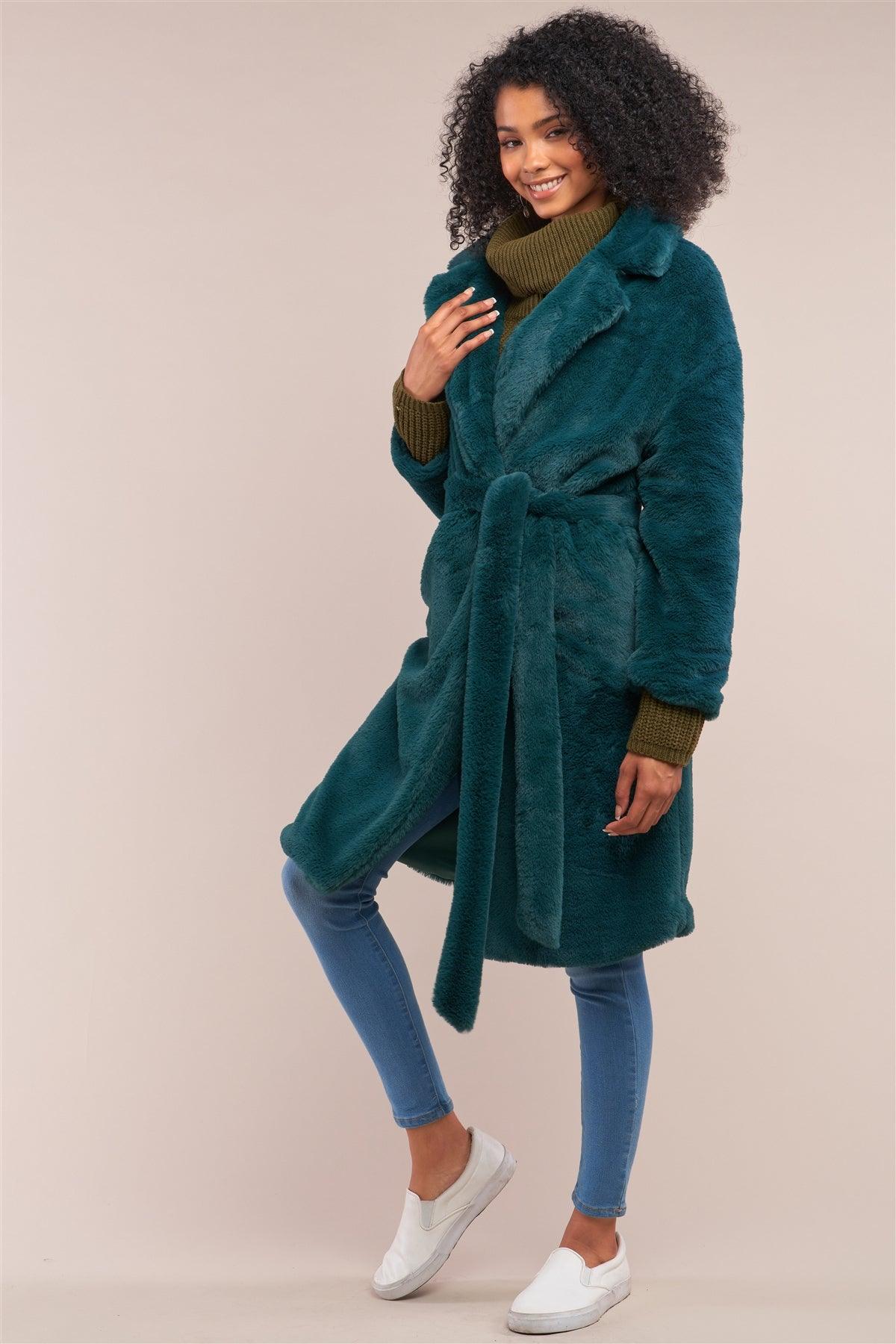 Green Soft Faux Fur Open Front Detachable Belt Long Sleeve Coat /2-2-2