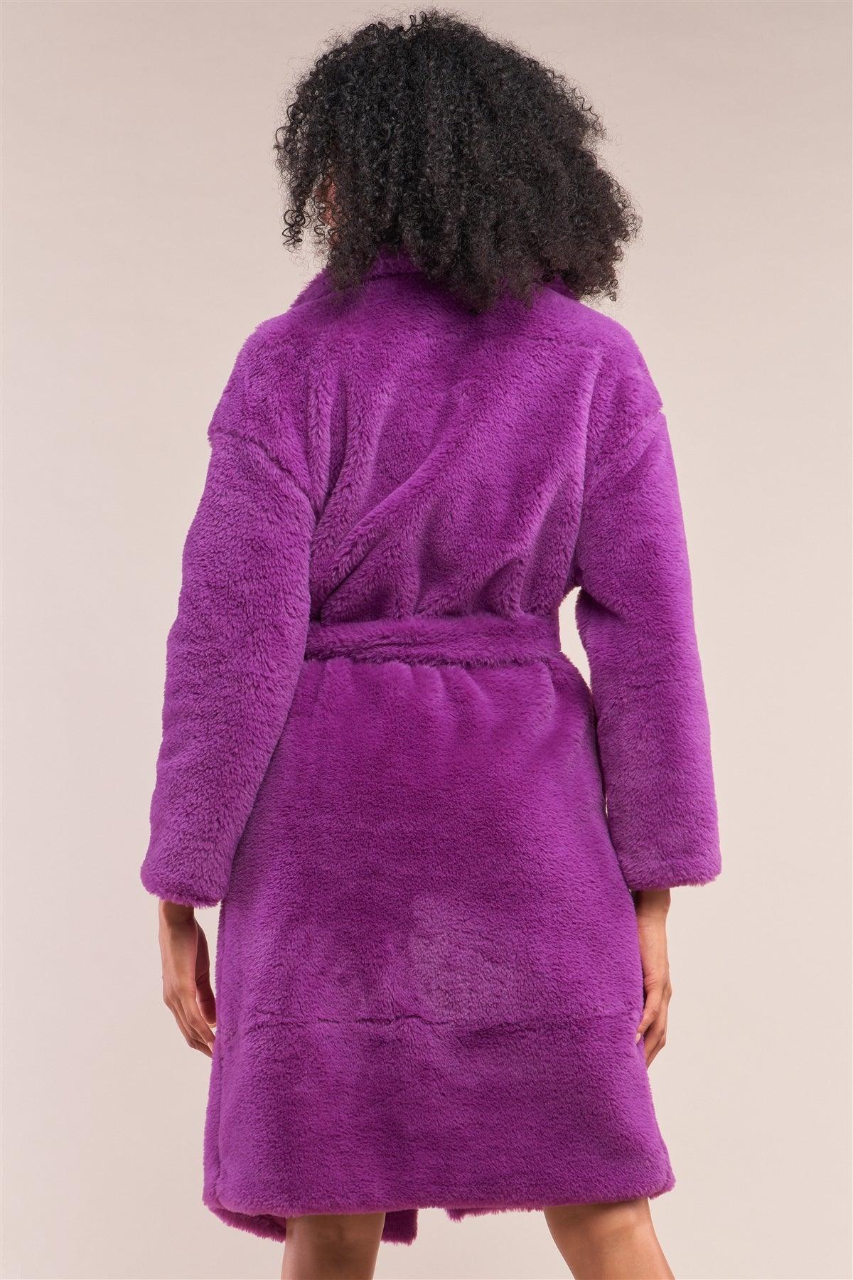 Purple Soft Faux Fur Open Front Detachable Belt Long Sleeve Coat /2-2-2