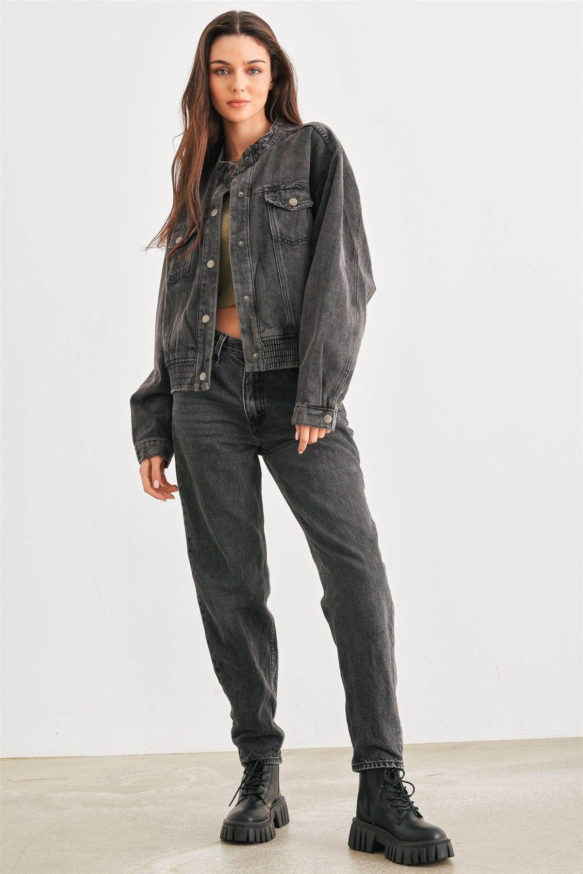 Black Denim Button-Up Four Pocket Long Sleeve Jacket /2-2-2