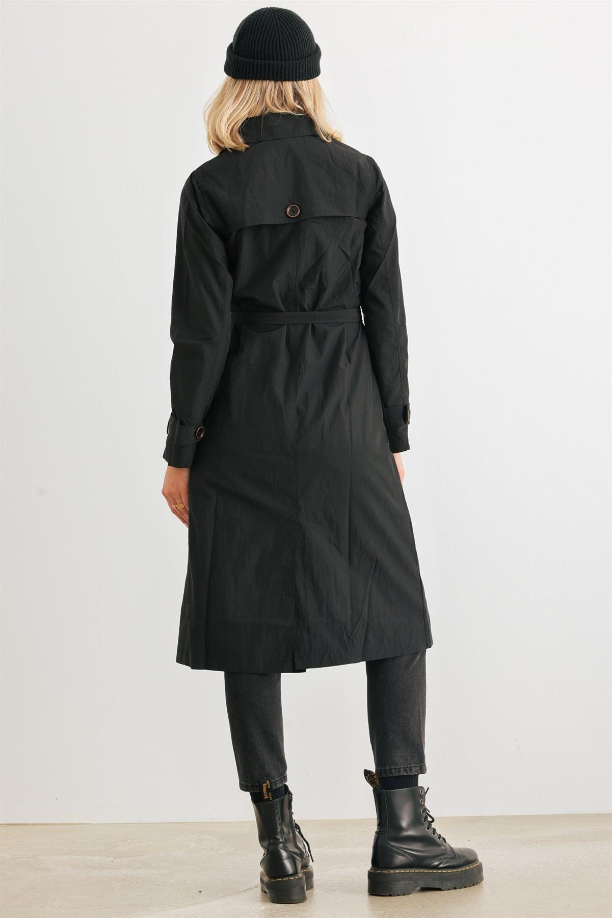 Black Double-Breasted Two Pocket Belted Collared Neck Trench Coat /3-2-1