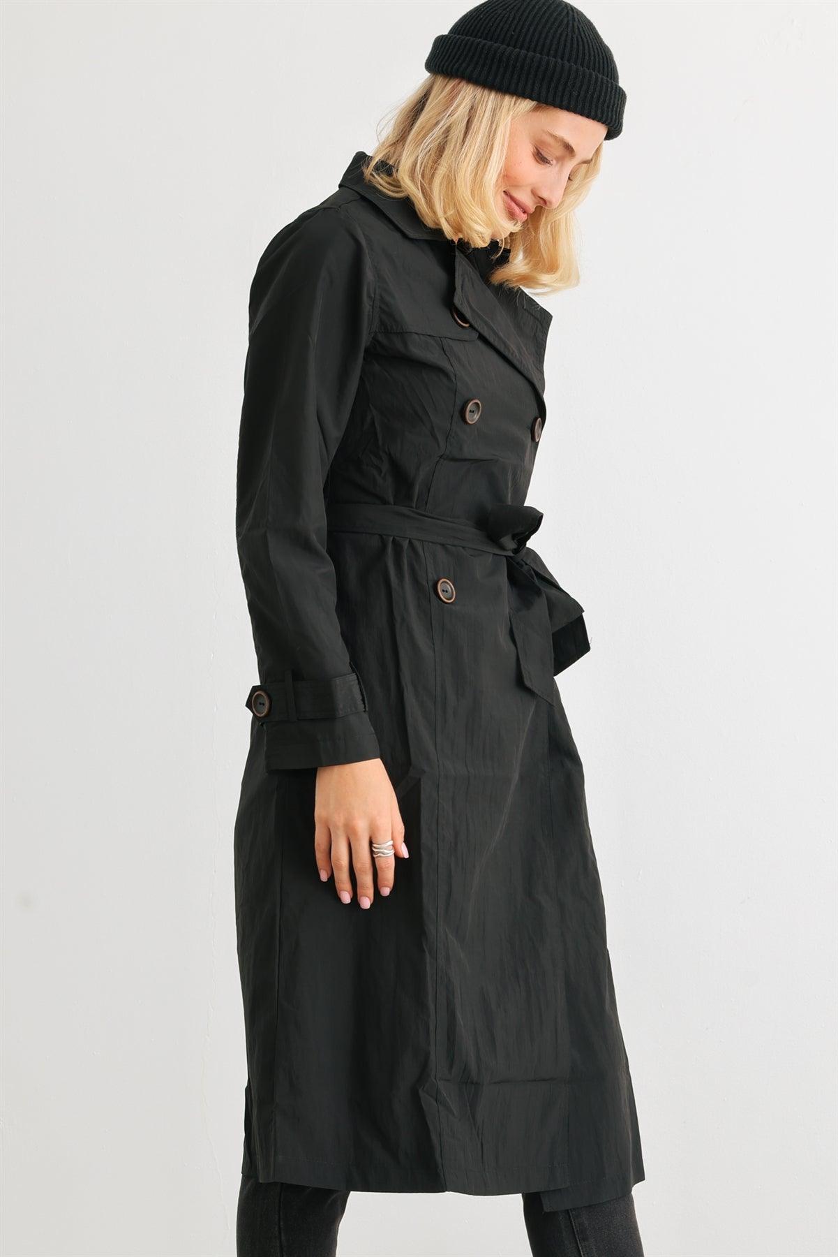 Black Double-Breasted Two Pocket Belted Collared Neck Trench Coat /3-2-1