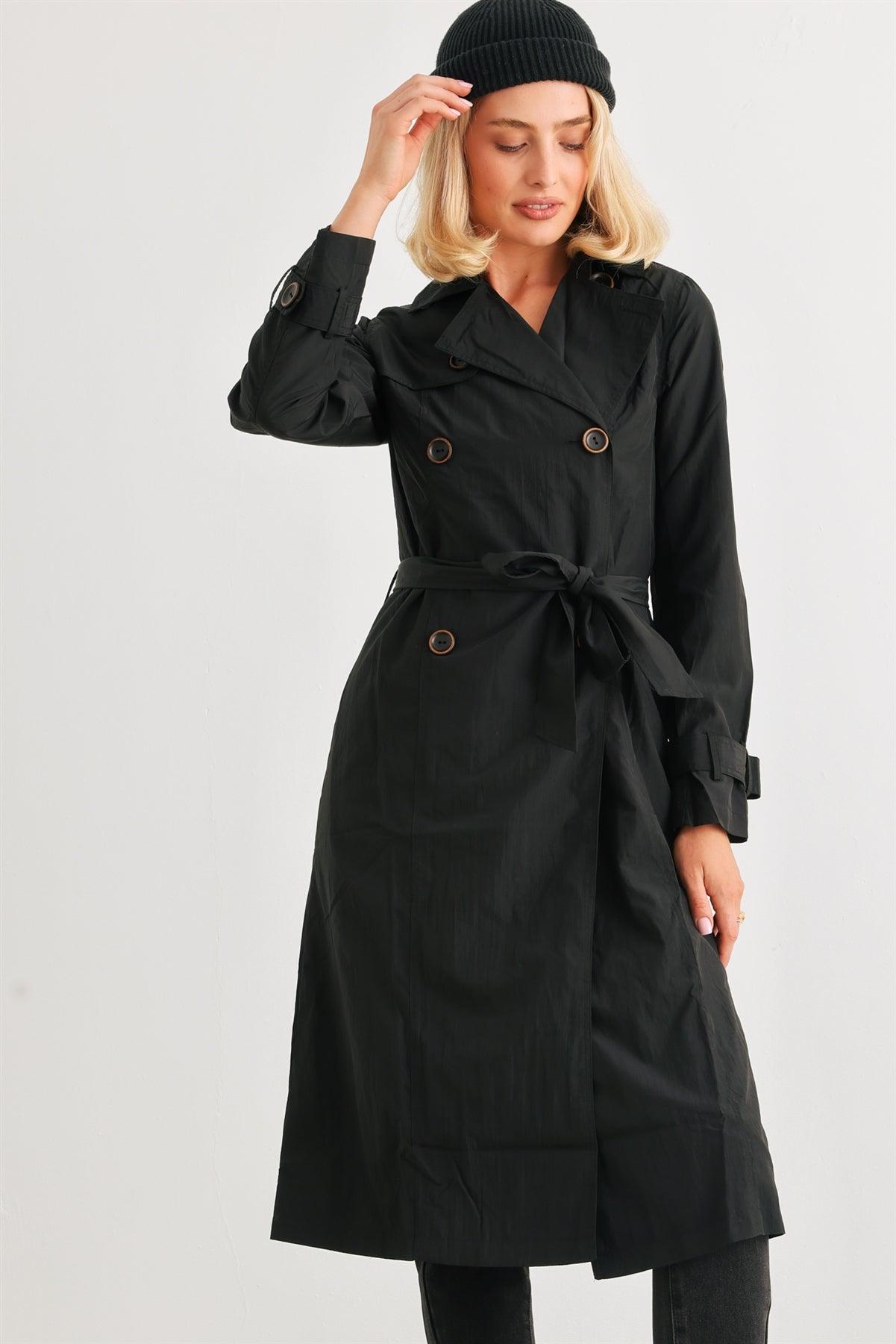 Black Double-Breasted Two Pocket Belted Collared Neck Trench Coat /3-2-1