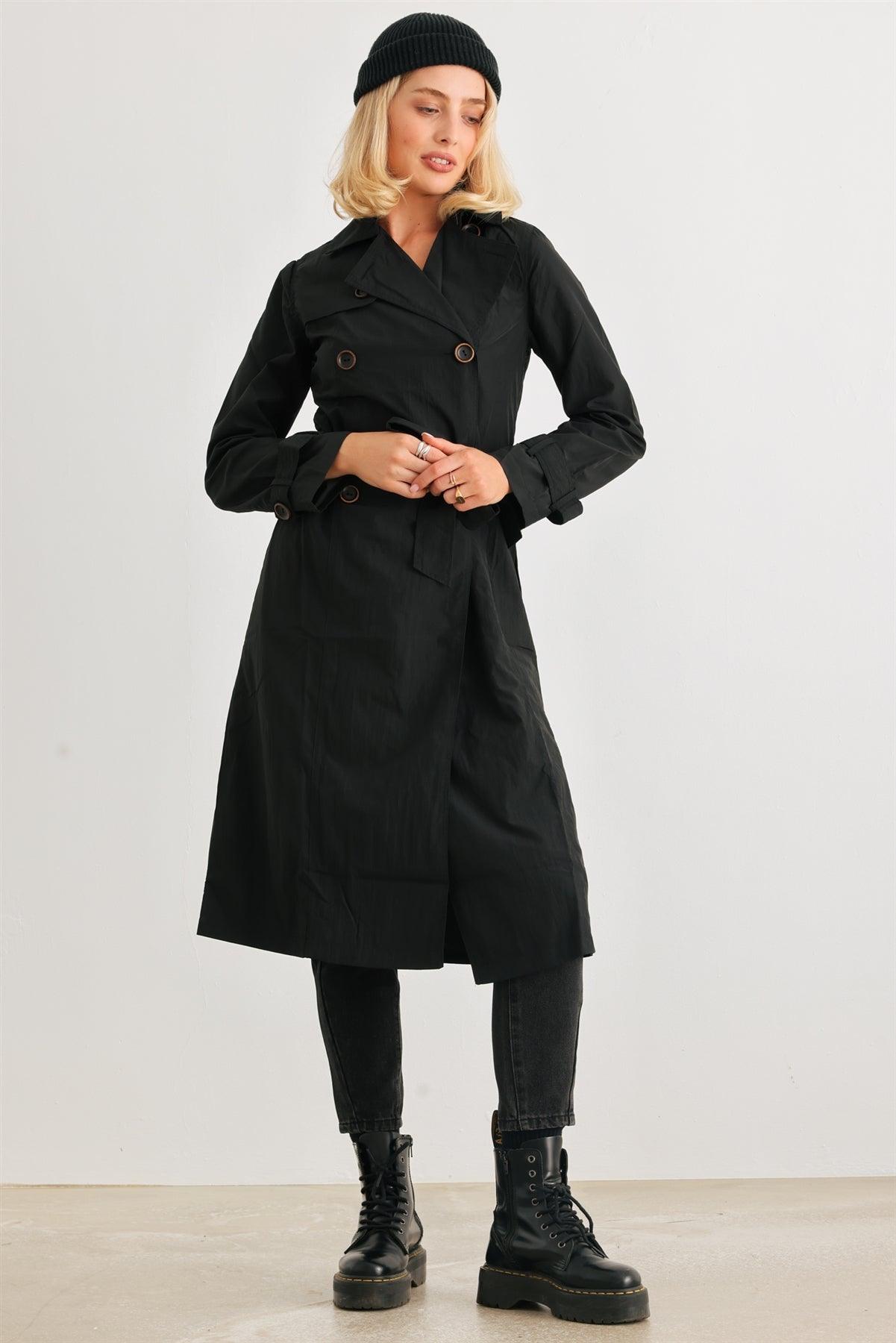 Black Double-Breasted Two Pocket Belted Collared Neck Trench Coat /3-2-1