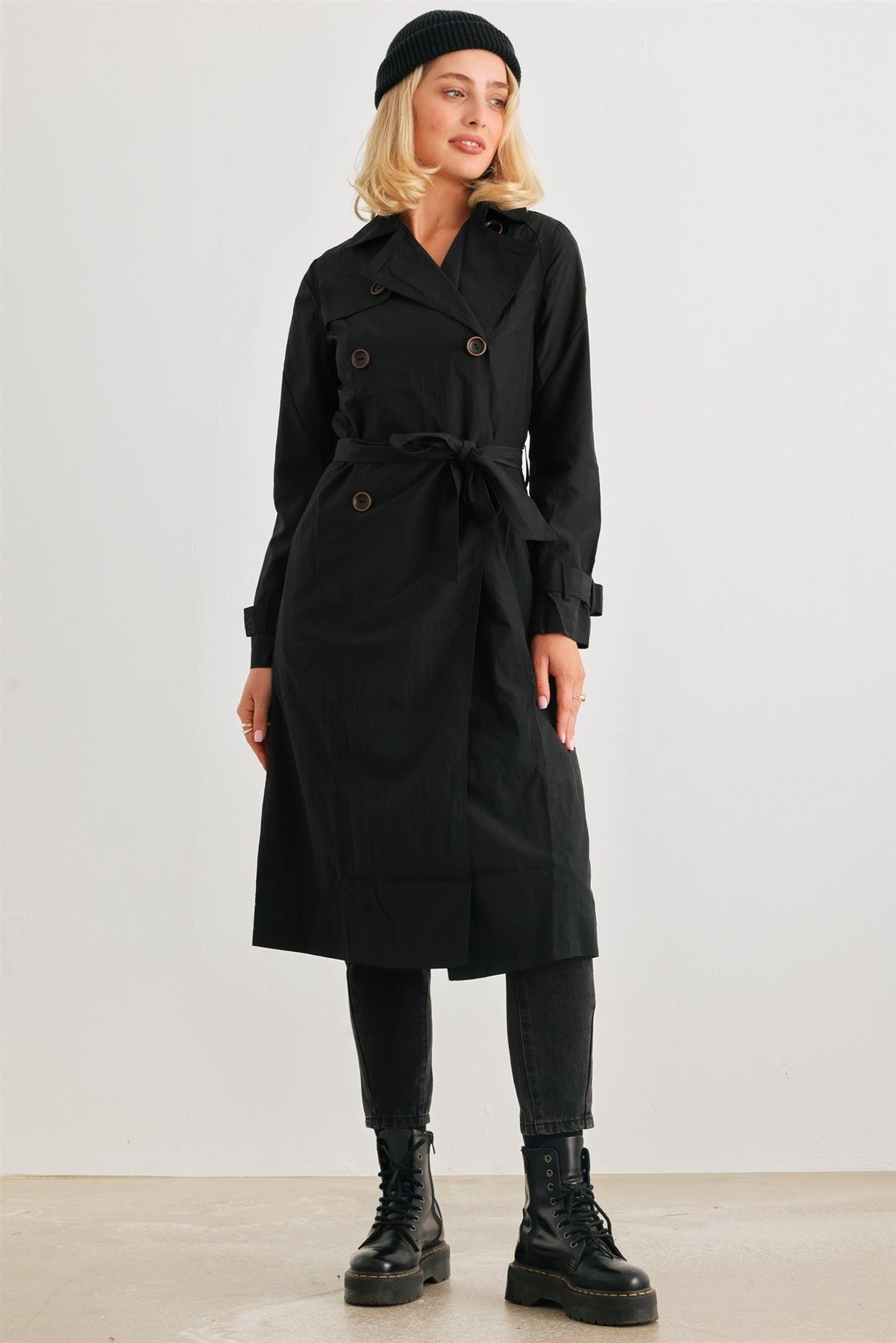 Black Double-Breasted Two Pocket Belted Collared Neck Trench Coat /4-2