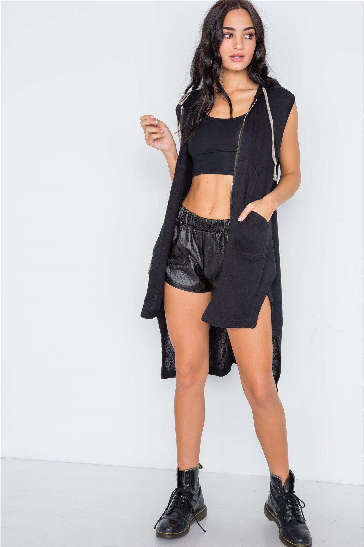 Black Sleeveless Zip-Up Hooded Knit Vest /3-2