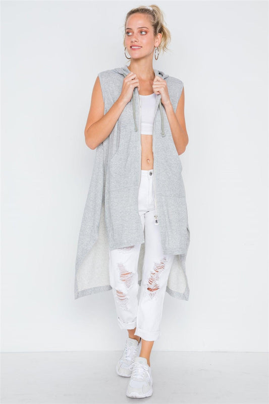 Heather Grey Sleeveless Zip-Up Hooded Knit Vest /3-1-1