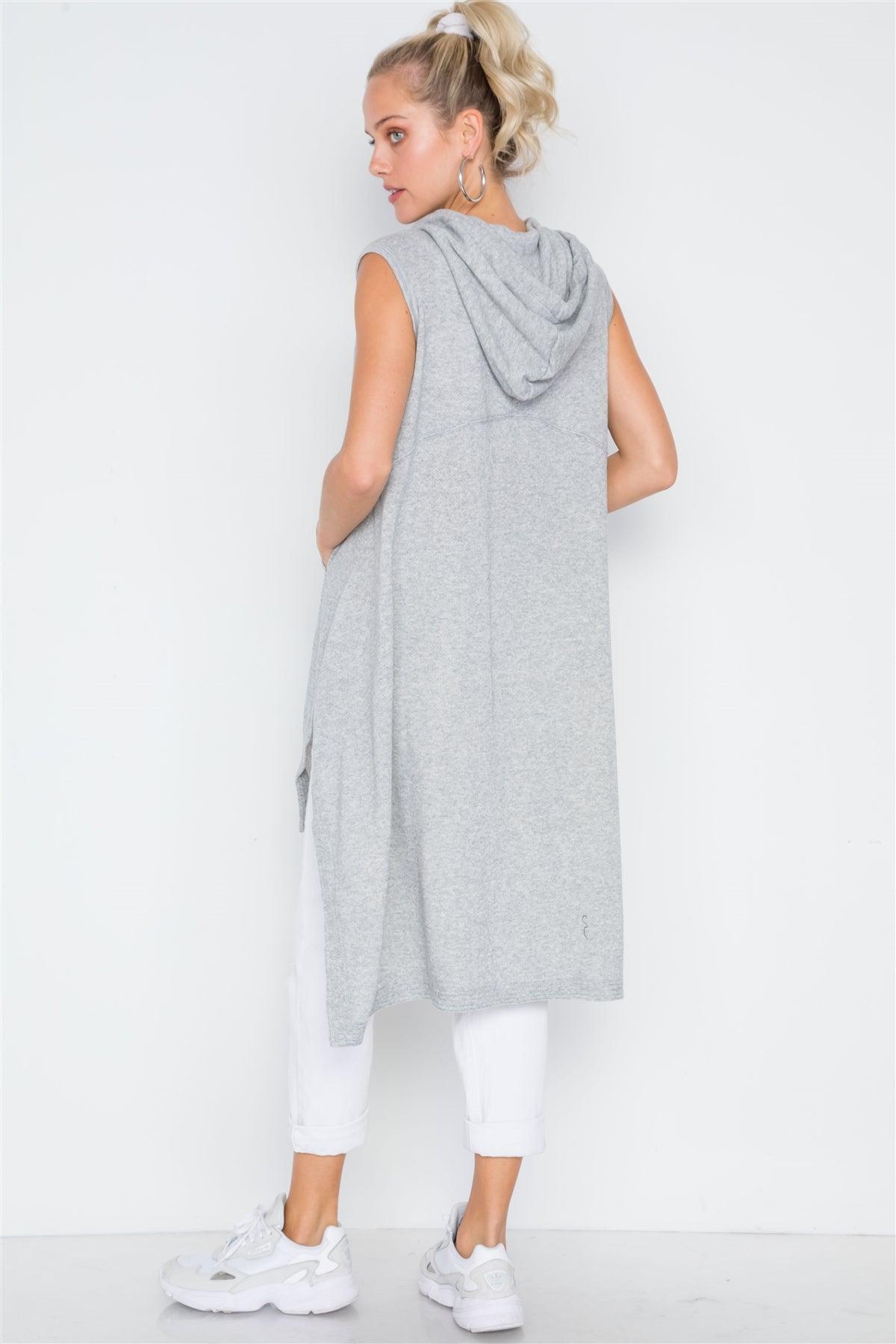 Heather Grey Sleeveless Zip-Up Hooded Knit Vest /3-1-1