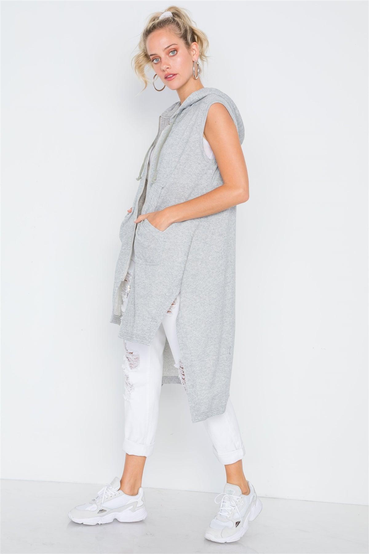 Heather Grey Sleeveless Zip-Up Hooded Knit Vest /3-1-1