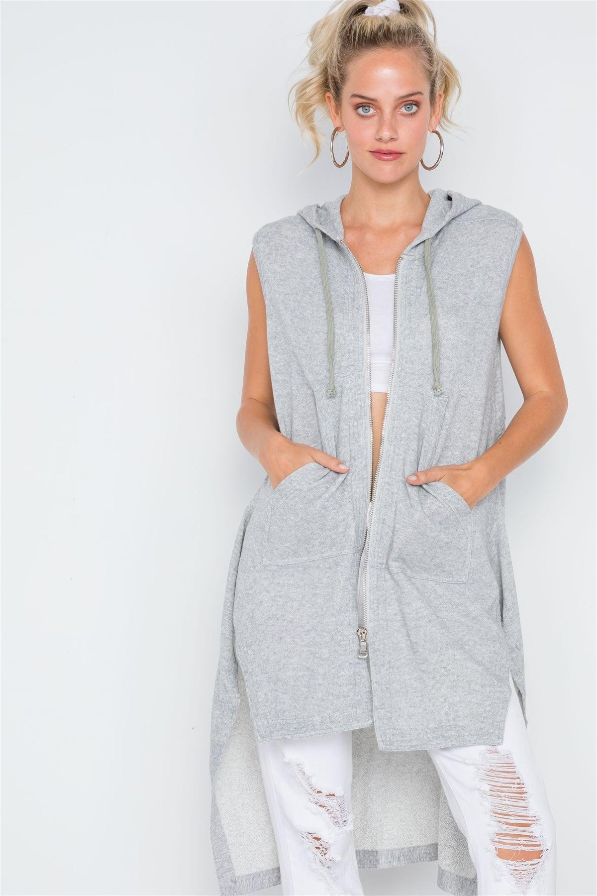 Heather Grey Sleeveless Zip-Up Hooded Knit Vest /3-1-1