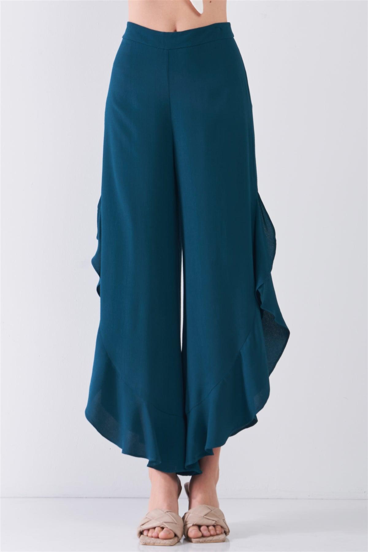 Dark-Green High-Waisted Ruffle Side Slit Wide Leg Pants /3-2-1