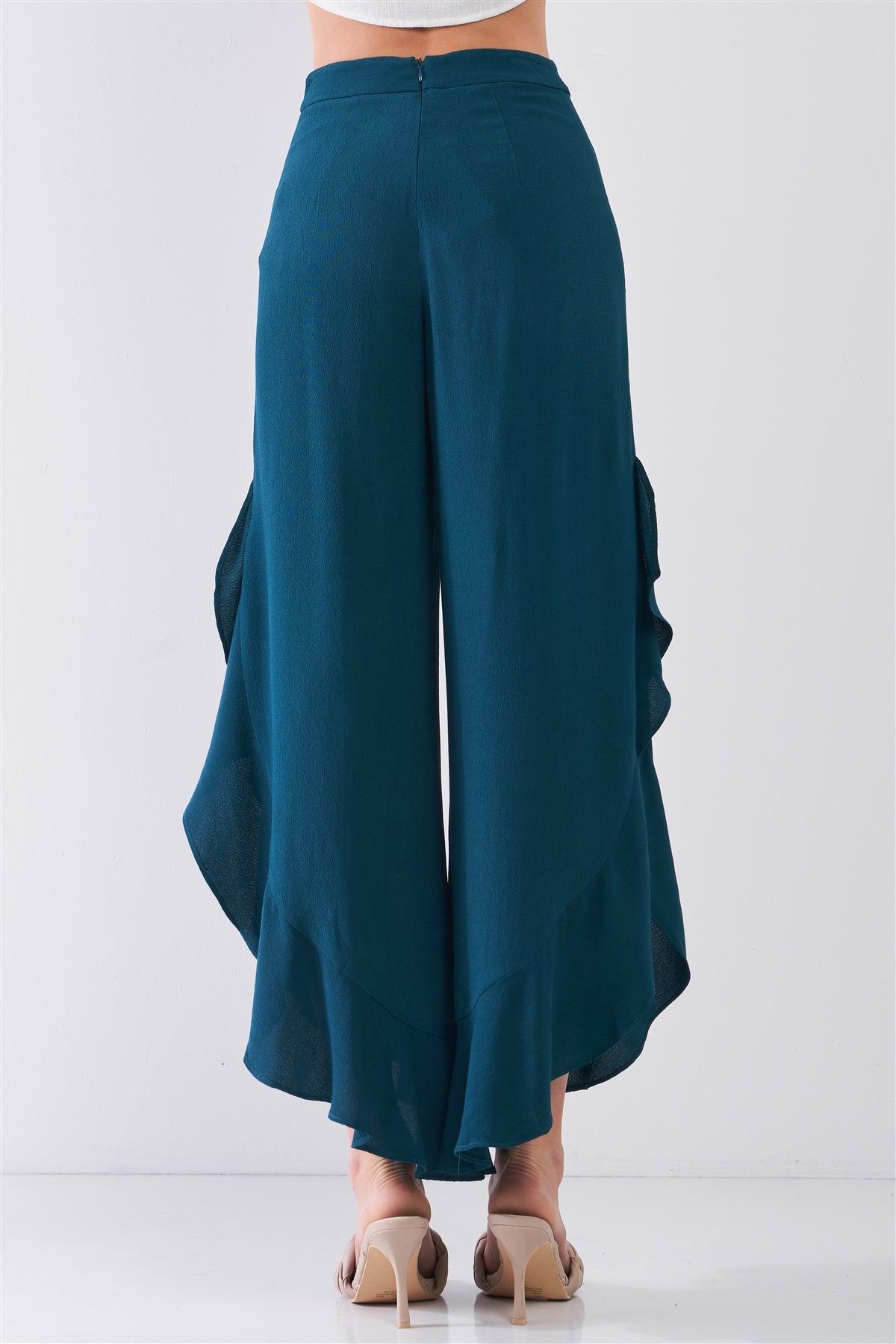 Dark-Green High-Waisted Ruffle Side Slit Wide Leg Pants /3-2-1