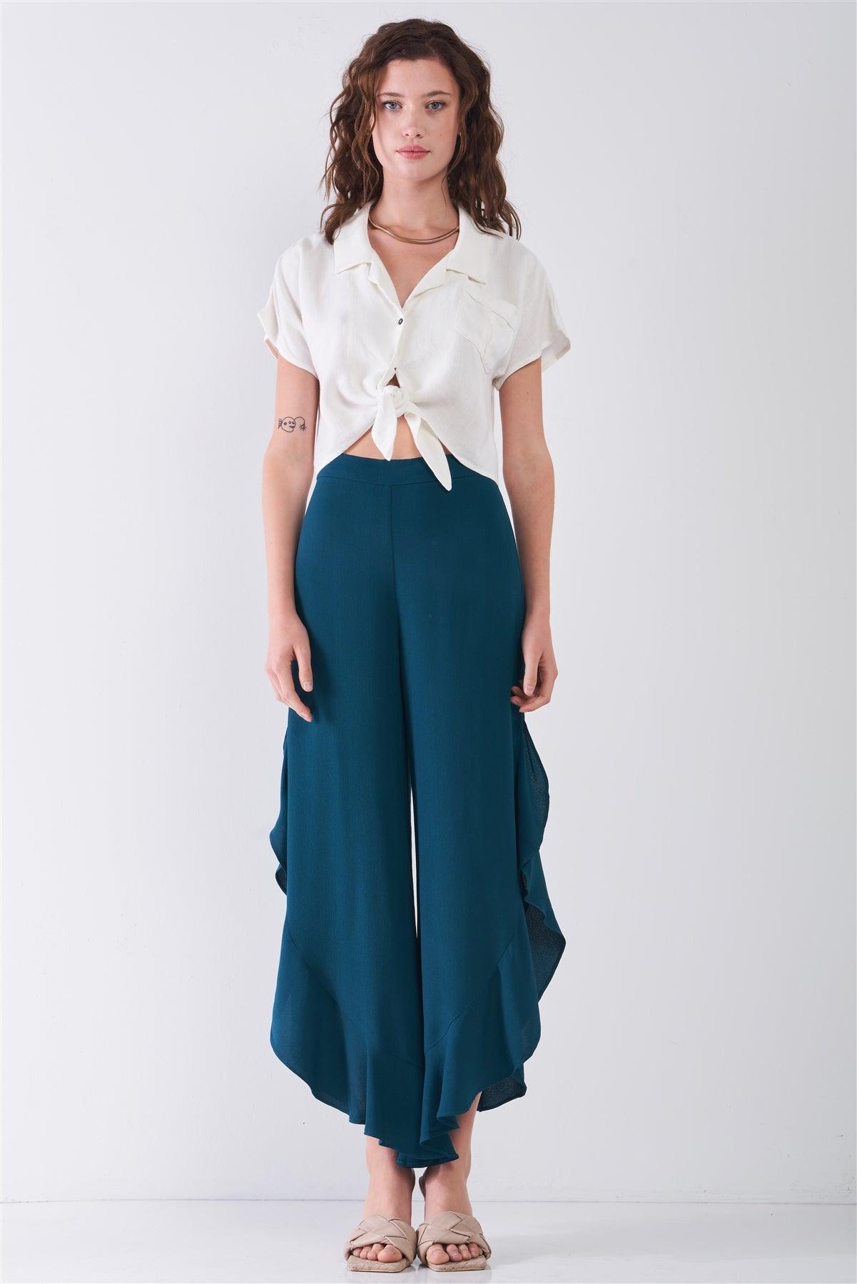 Dark-Green High-Waisted Ruffle Side Slit Wide Leg Pants /3-2-1