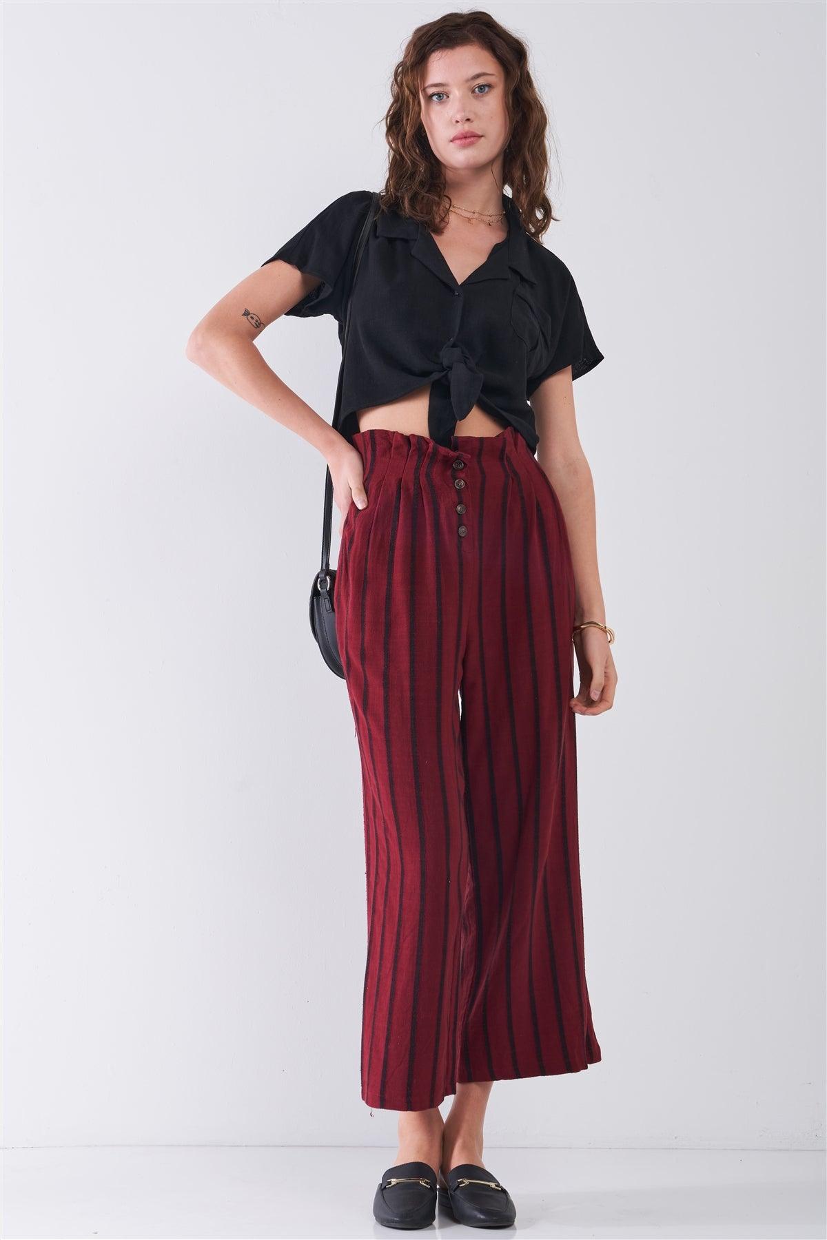 Wine & Black Linen Striped Frill Hem Button-Down High Waist Wide Leg Capri Pants /3-2